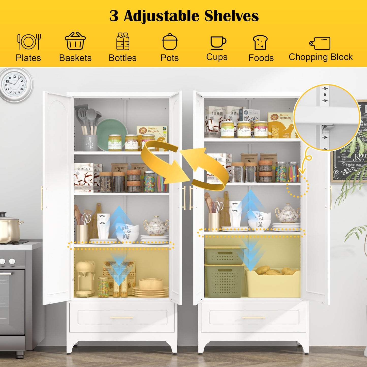 SteeLoong Metal Storage Cabinet with Drawers,75Inch White Pantry Cabinets for Kitchen Storage with 3 Adjustable Shelves,Tall Kitchen Pantry Cabinet for Living Room, Dining Room Office