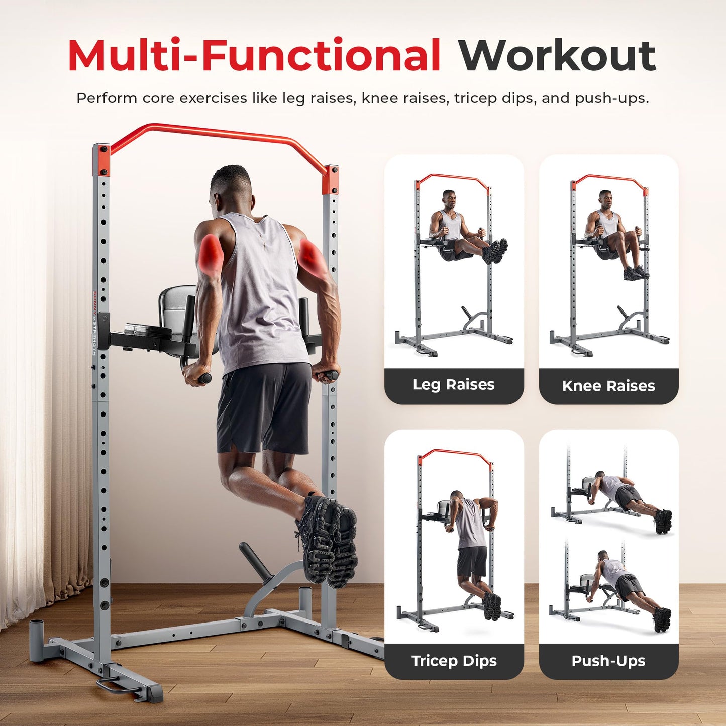 Sunny Health & Fitness Captain's Chair Adjustable Multi-Function Dip Station, Push-Up, Leg Raises & Core Workout Attachment with Adjustable Height - SF-XFA008