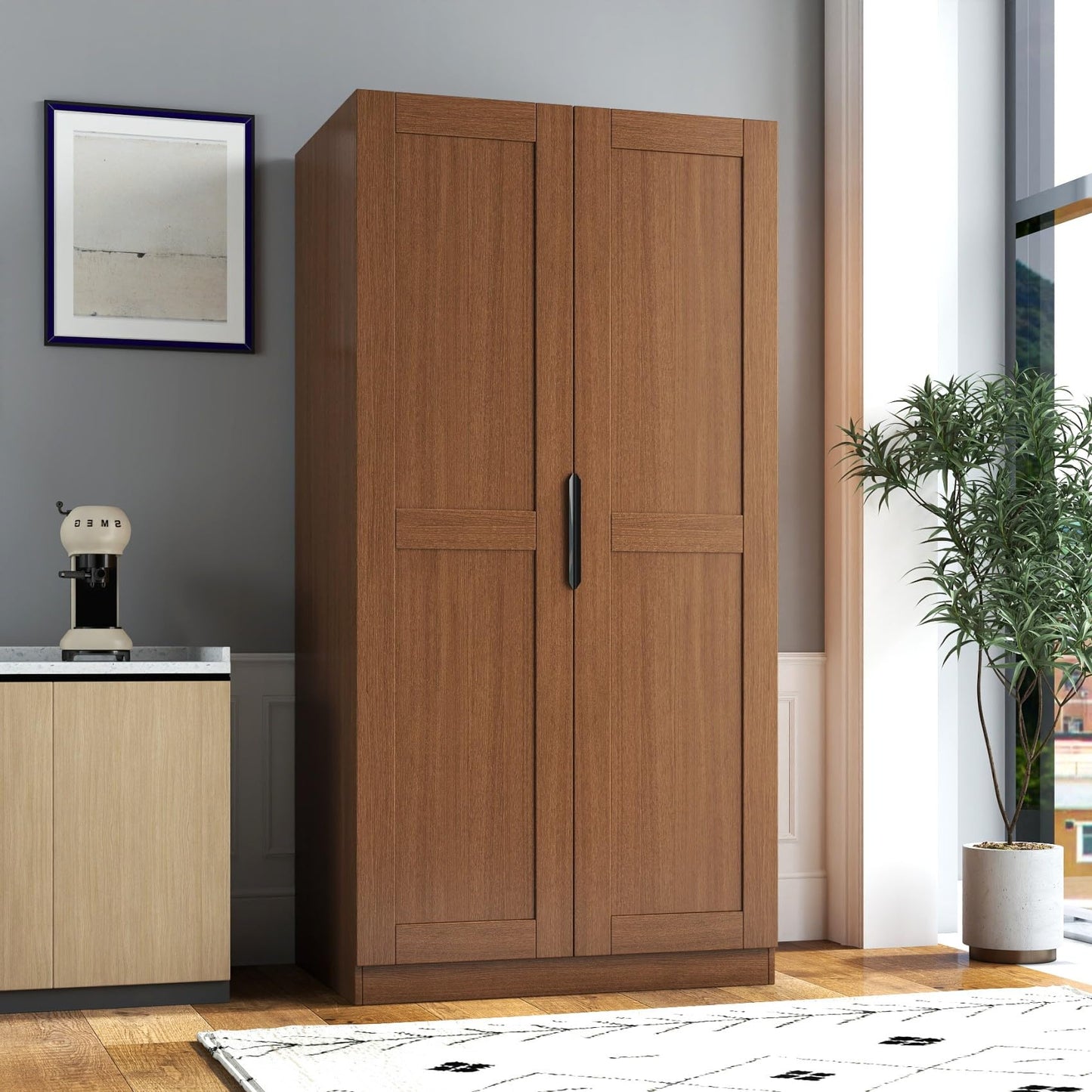KEIKI 63" Tall Kitchen Pantry Storage Cabinet with Door-Side Rack & Shelves, Freestanding Wood Hutch Food Pantries Cupboard for Coffee Bar, Dining Room