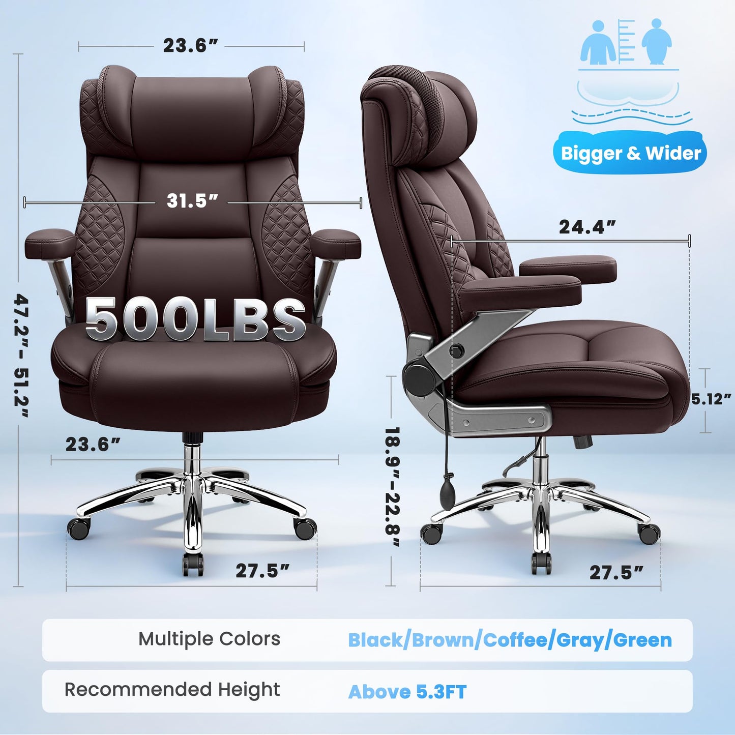 Big and Tall Office Chair for Heavy People, 500LBS Wide Seat Computer Desk Chair, Extra Large Executive Gaming Chair with Adjustable Lumbar Support and 5D Flip Arms, Comfy Heavy Duty Office Chair