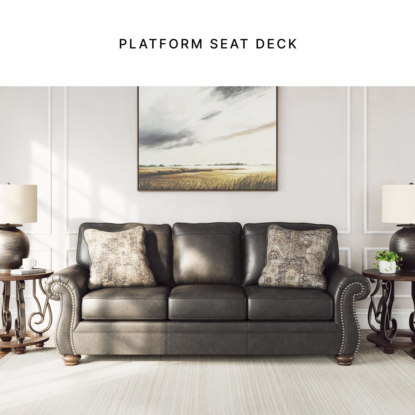 Signature Design by Ashley Shadsburne Rustic Faux Leather Sofa with Nailhead Trim and 2 Chenille Throw Pillows, Pillows with Soft Polyfill, Reinforced Frame for Added Stability, Black