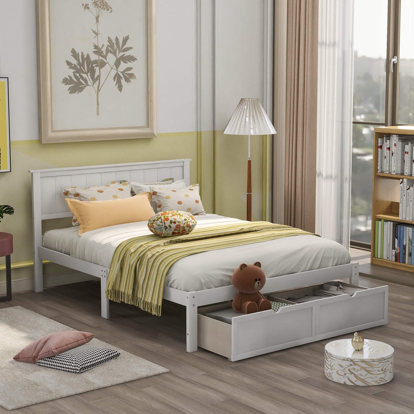 GDFStudio Full Size Platform Bed with Under-Bed Drawers, Solid Pine Wood and MDF Bed Frame, Storage Platform Bed with Support Legs, No Box Spring Needed, White
