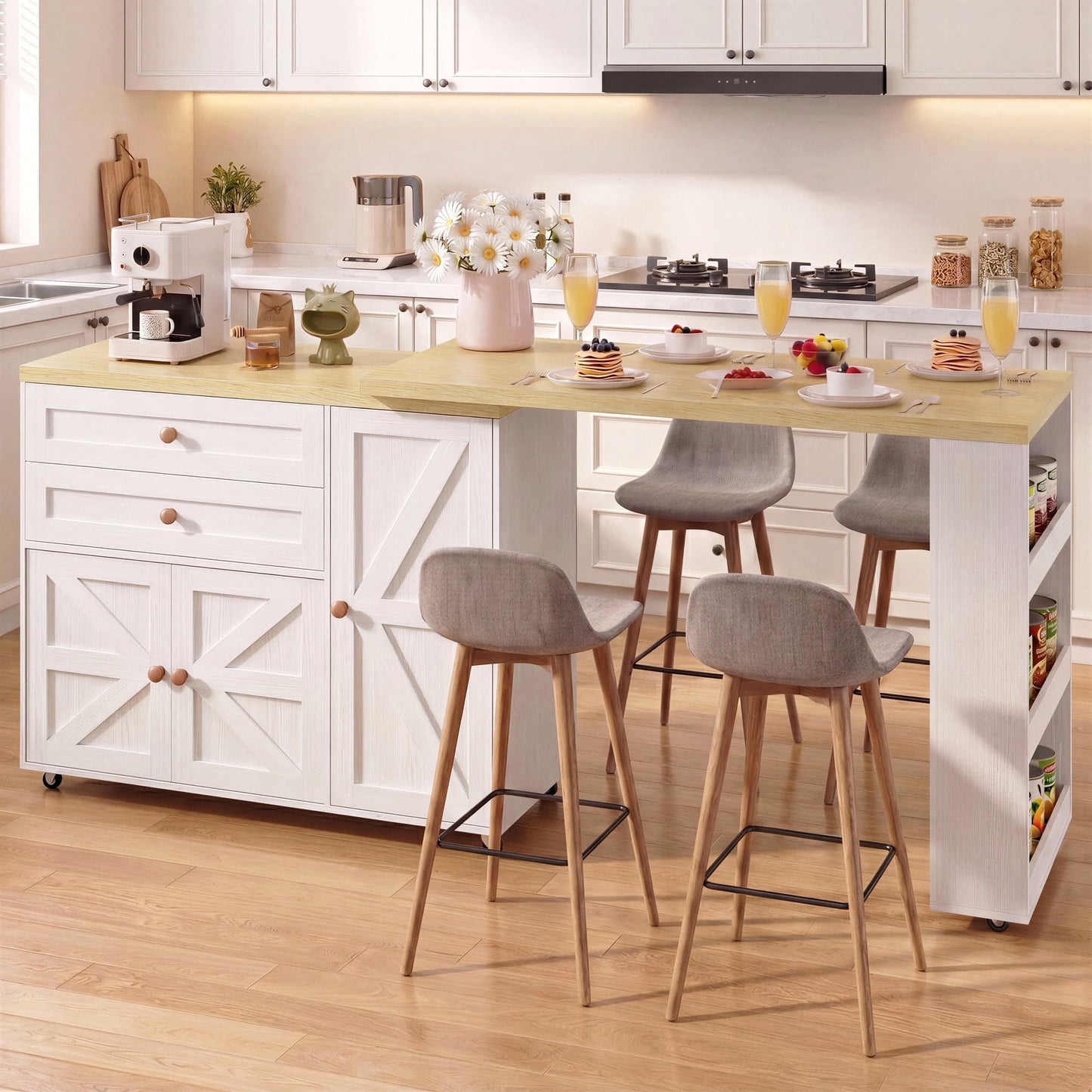 IRONCK Kitchen Island with 360° Swivel Table, Rolling Island with Storage, Kitchen Cart with Spacious Drawer, Storage Cabinets and Spice Rack for Home, Dining Room