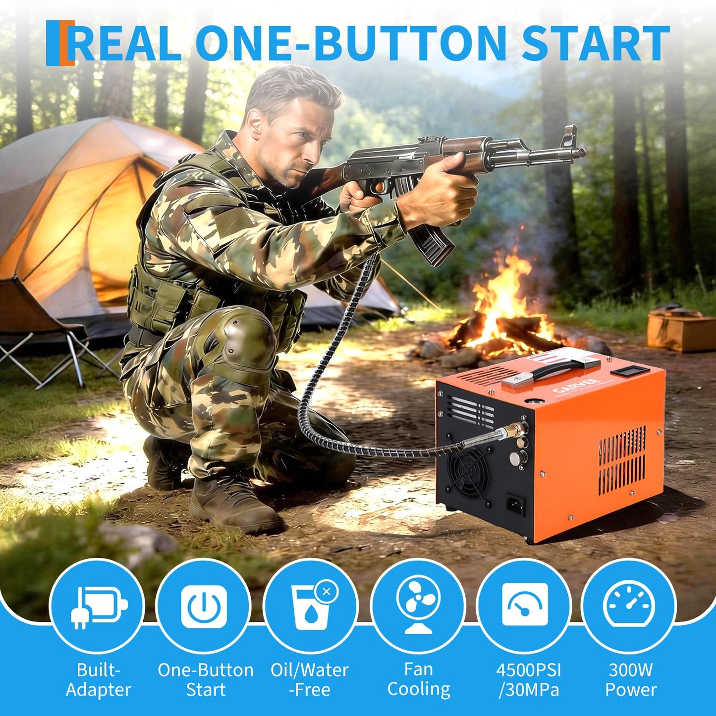 PCP Air Compressor, 4500PSI/30Mpa, 300W Oil-Free Fast Fill Pump with Built-in Manual-Stop, Dual Power 12V DC & 110V/220V AC, Portable Air Pump for Airguns, Air Rifle, Paintball, HPA Tanks(Compact)