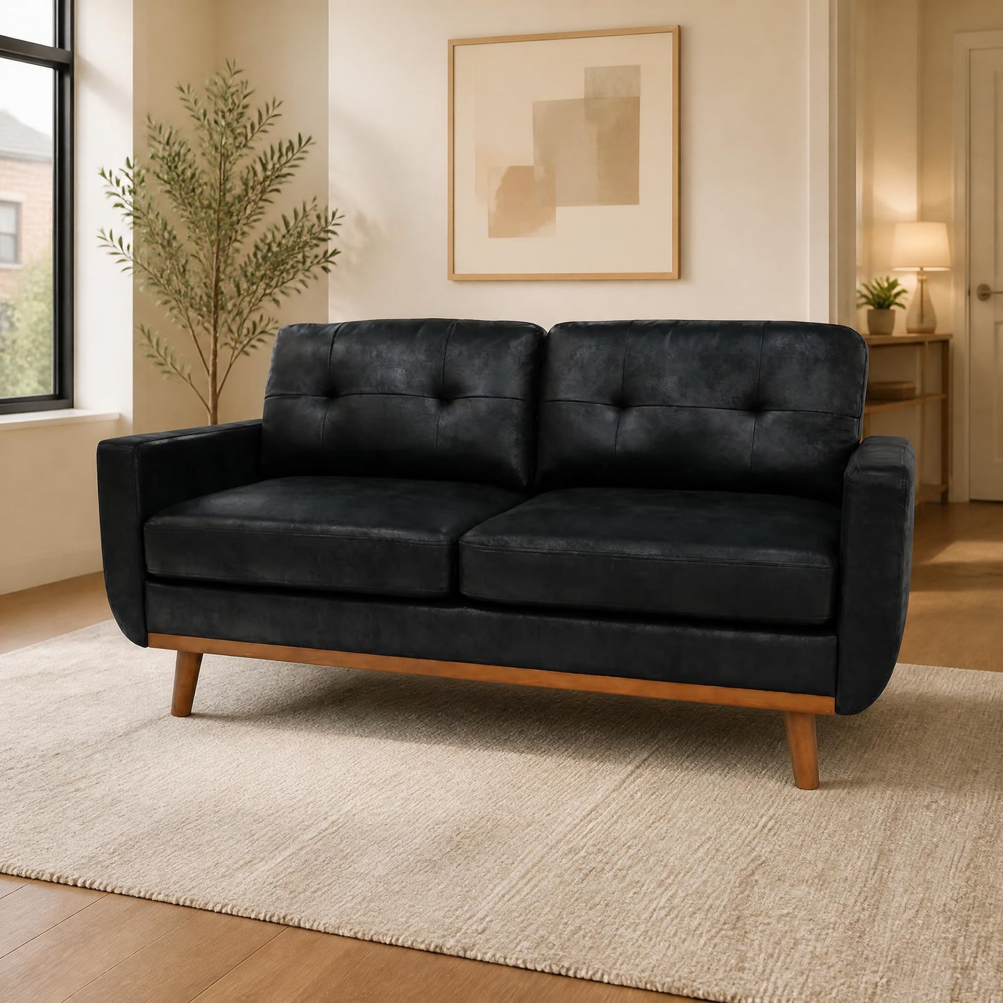 Eafurn Mid-Century Modern Loveseat Sofa Couch, 65” Small PU Leather Couch with Solid Wood Legs & Tufted Backrest, 2-Seater Faux Leather Settee for Living Room, Apartment, Office