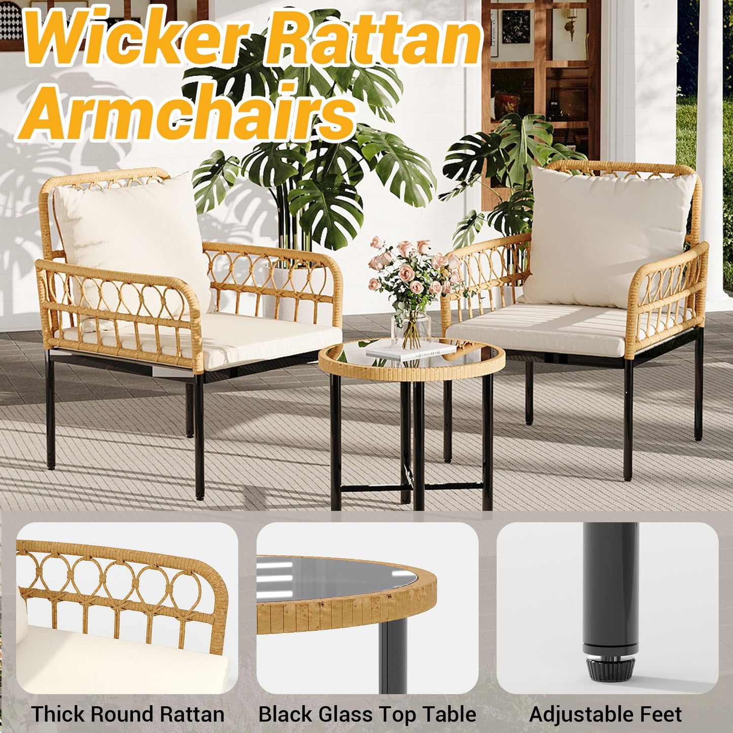 GarveeLife Wicker 3 Pieces Patio Bistro Sets Outdoor Conversation Sets with Glass Top Side Table and 2 Modern Rattan Chairs, Patio Furniture Set for Apartment, Backyard, Porch, Balcony, Lawn (Beige)