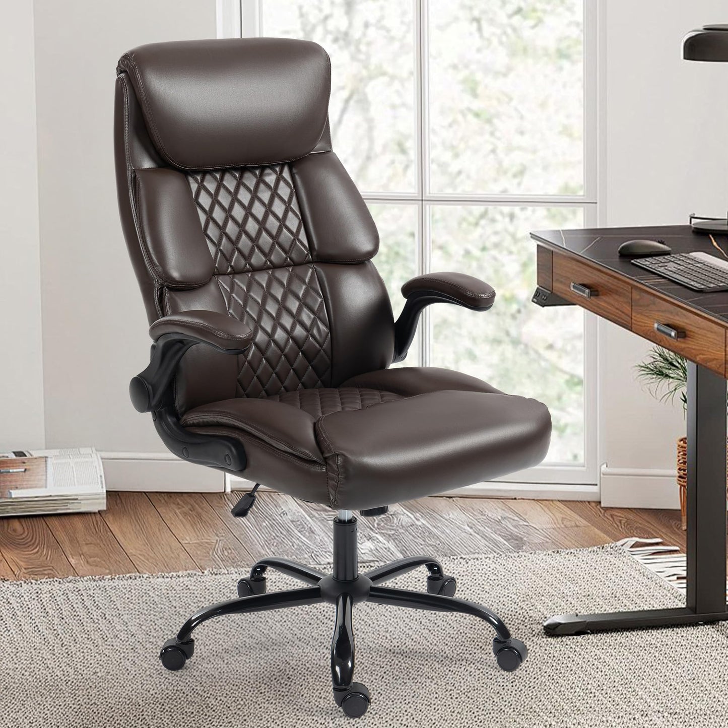 Office Chair - Ergonomic High Back Computer Desk Chair with Rocking Function & Lumbar Support - Executive Comfortable Wide Swivel Rolling Office Leather Chair with Flip-up Armrests for Home Gaming