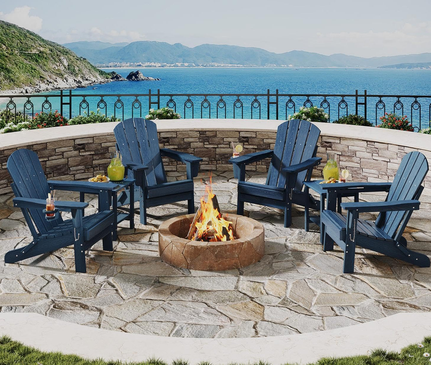 Garvee Folding Adirondack Chair Set of 4 with 2 Side Table, HDPE Outdoor Patio Chair with Cup Holder, All Weather Resistent Wooden Textured for patios, Decks, Gardens, fire Pit, Navy Blue