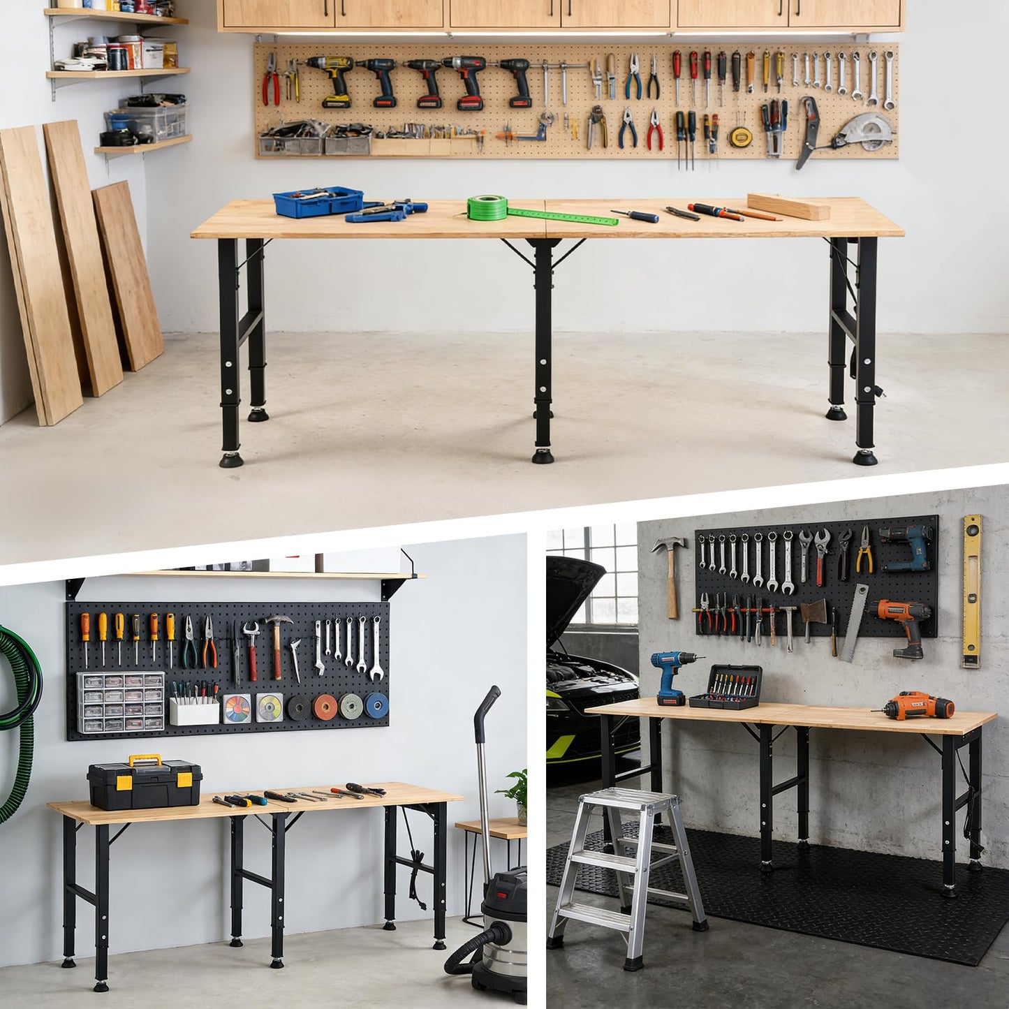 OLBRUS 68 "Adjustable Workbench with Power Outlet - Work Bench Table Heavy Duty 1500 LBS Load Capacity, Hardwood Work Table for Garage, Workshop, Office, Home
