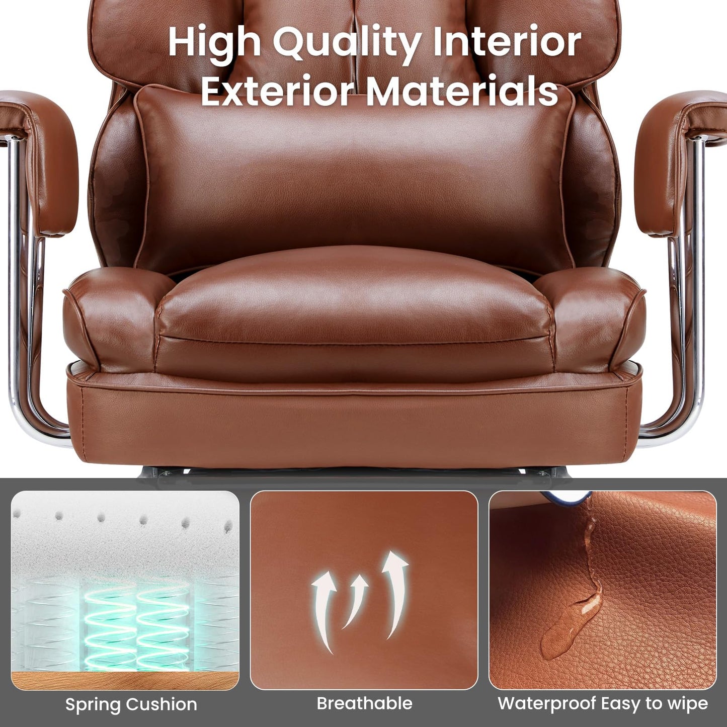 OLIXIS Home Office Desk Chair Comfy with Foot Rest, PU Leather Ergonomic Big and Tall High Back Support, 360° Swivel Wheels, Armrests and Detachable Pillow, Height Adjustable, Modern Brown