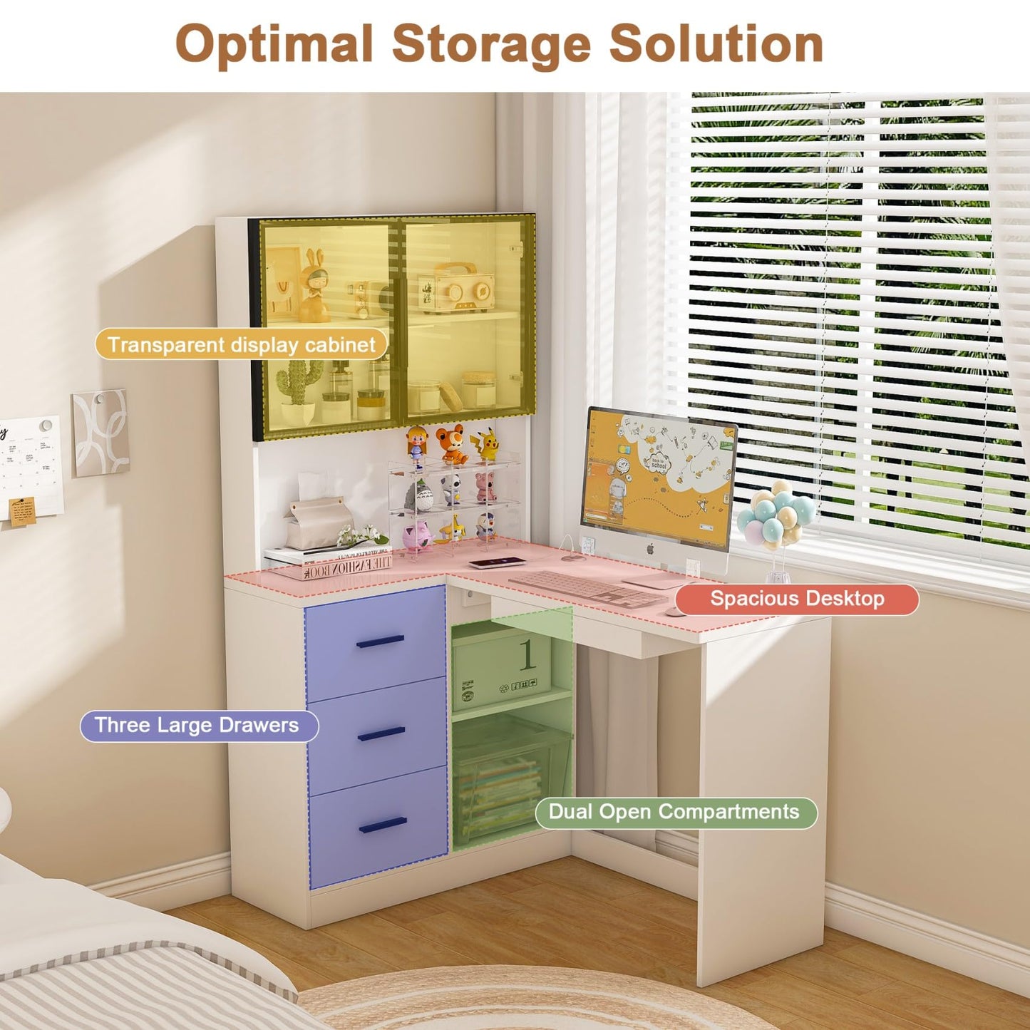 KEIKI L Shaped Home Office Desks with LED Light, Glass Storage Cabinets, USB Charging Ports, Keyboard Tray, Drawers, Modern Wooden Gaming Computer Corner Table for Work, Study, Writing