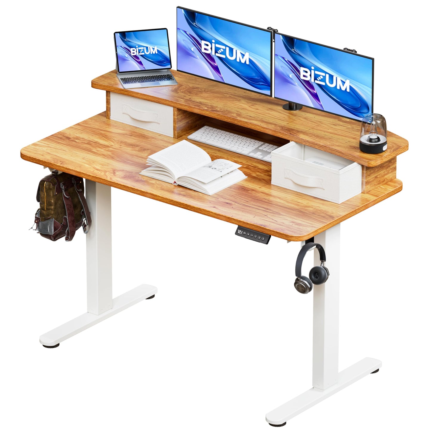 BIZUM Standing Desk with 2 Drawers Computer Desk-Stand up Desk Home Office Gaming Memory Desks C-Clamp Mount Compatible, 48x24 Inch Light Rustic Brown