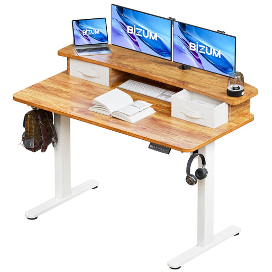 BIZUM Standing Desk with 2 Drawers Computer Desk-Stand up Desk Home Office Gaming Memory Desks C-Clamp Mount Compatible, 48x24 Inch Light Rustic Brown