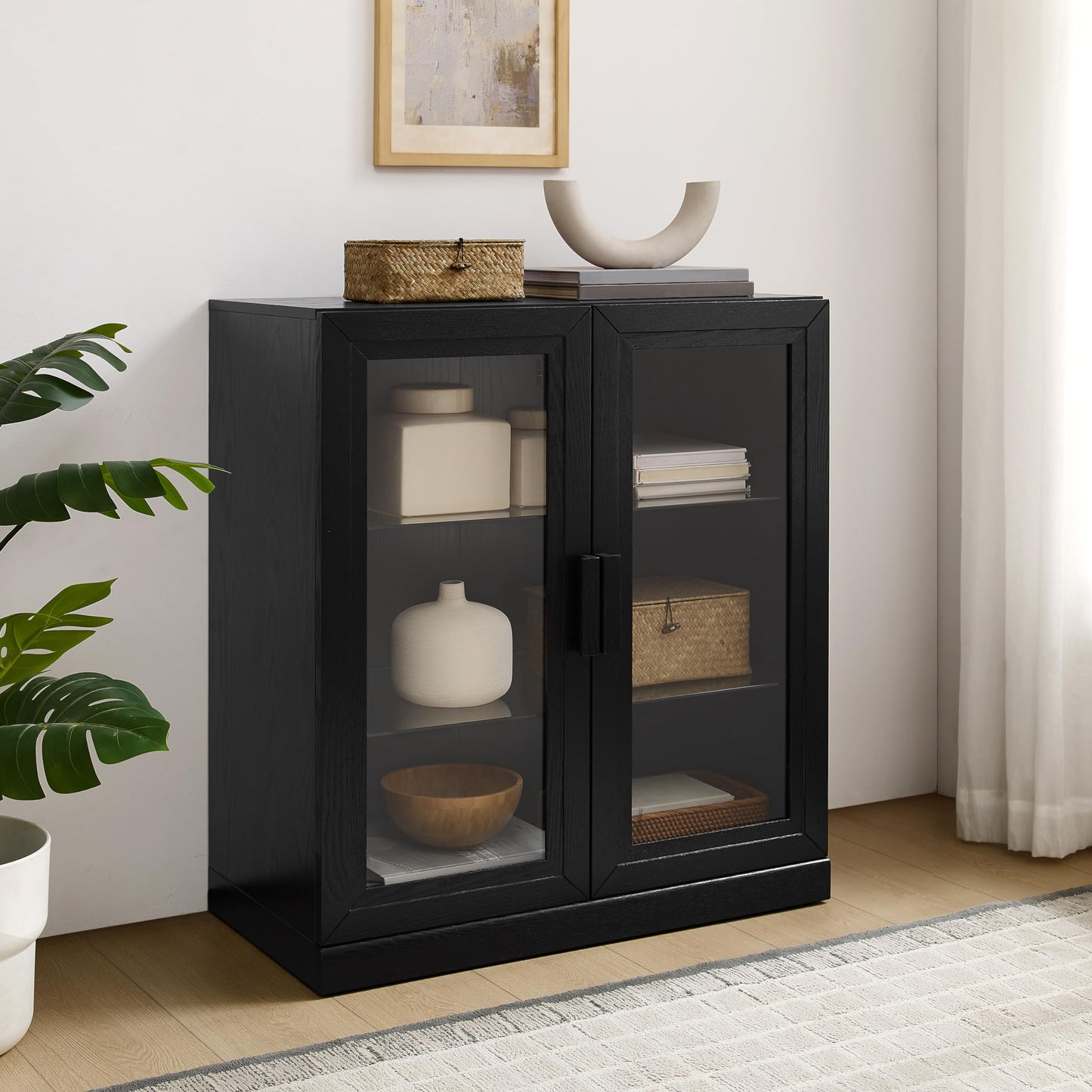 Crosley Furniture Essen Stackable Glass Door Kitchen Pantry Storage Cabinet, Accent Cabinets for Entryway, Black