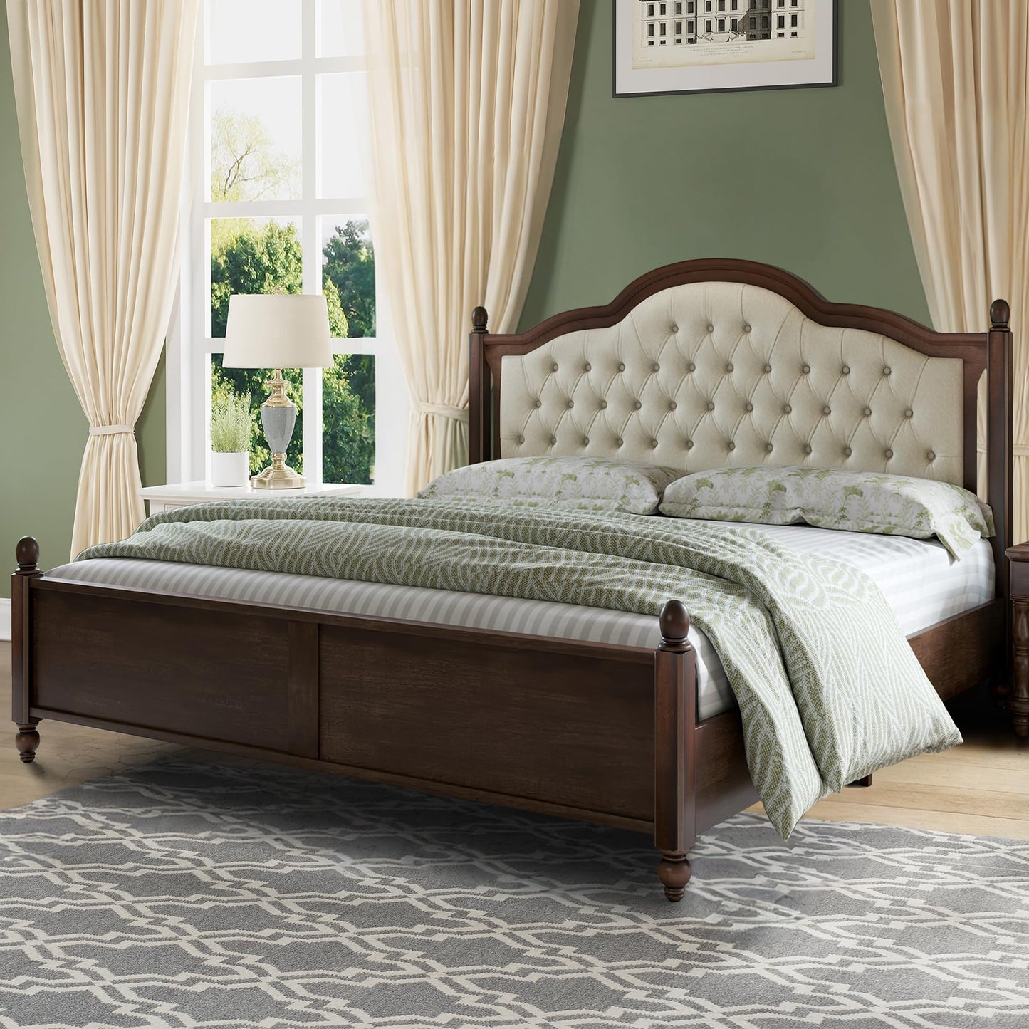 YUMPIE Queen Size Solid Wood Bed Frame, Transitional Platform Bed with 52.5" Tufted Upholstered Headboard, Rubberwood Construction, Roman Column Accents, No Box Spring Needed