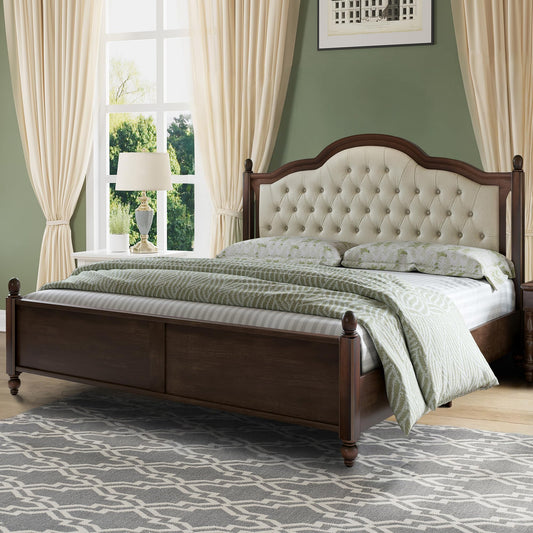 YUMPIE Queen Size Solid Wood Bed Frame, Transitional Platform Bed with 52.5" Tufted Upholstered Headboard, Rubberwood Construction, Roman Column Accents, No Box Spring Needed