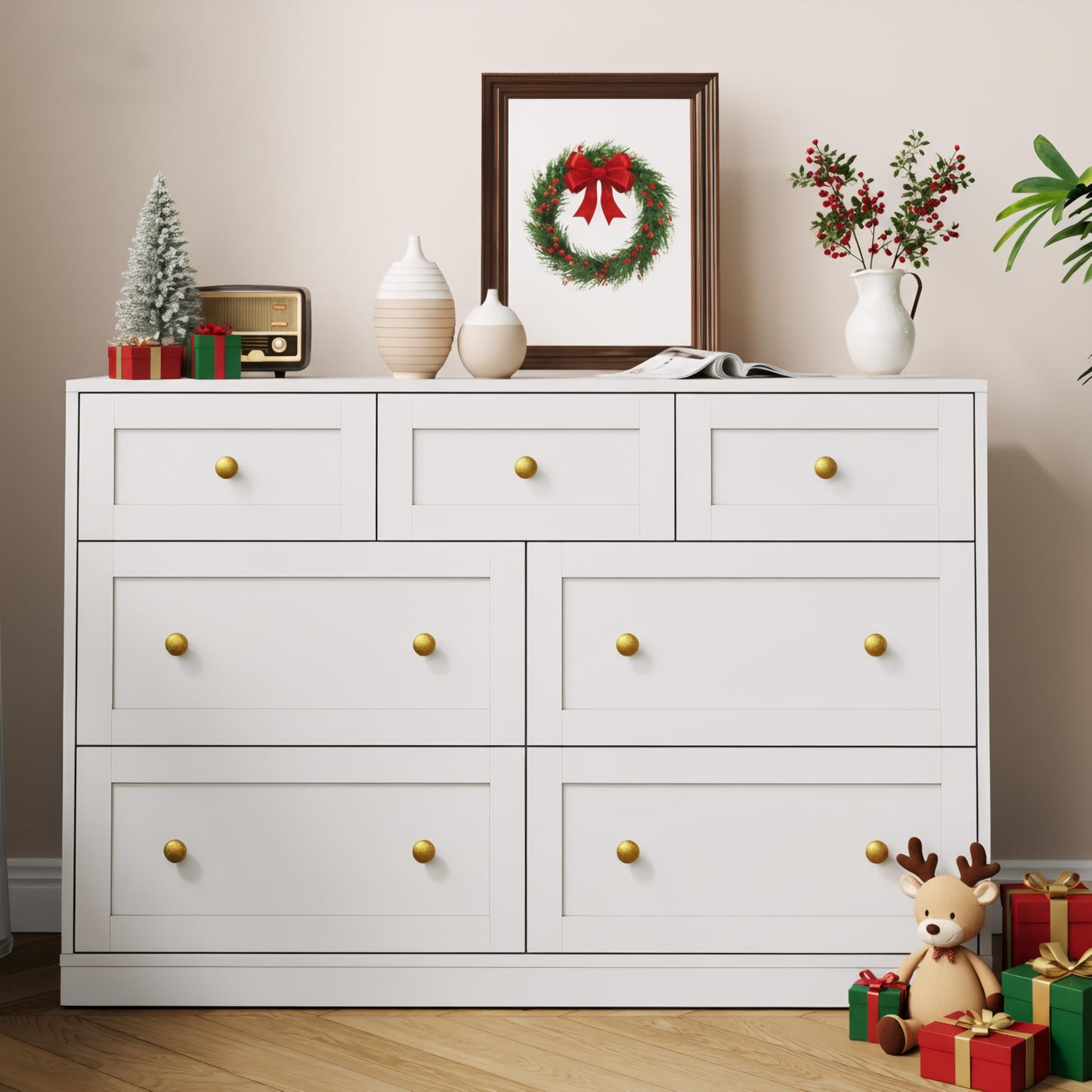 RoyalCraft 7 Drawer Dresser, White Dresser for Bedroom, Wood Chest of Drawers, Modern Dresser TV Stand for Living Room, Closet, Entryway