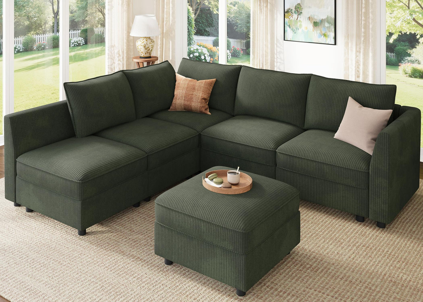 HONBAY Modular Sectional Sleeper Sofa Green Couch L Shaped Sectional Sofa with Storage, Convertible Couches for Living Room - Green