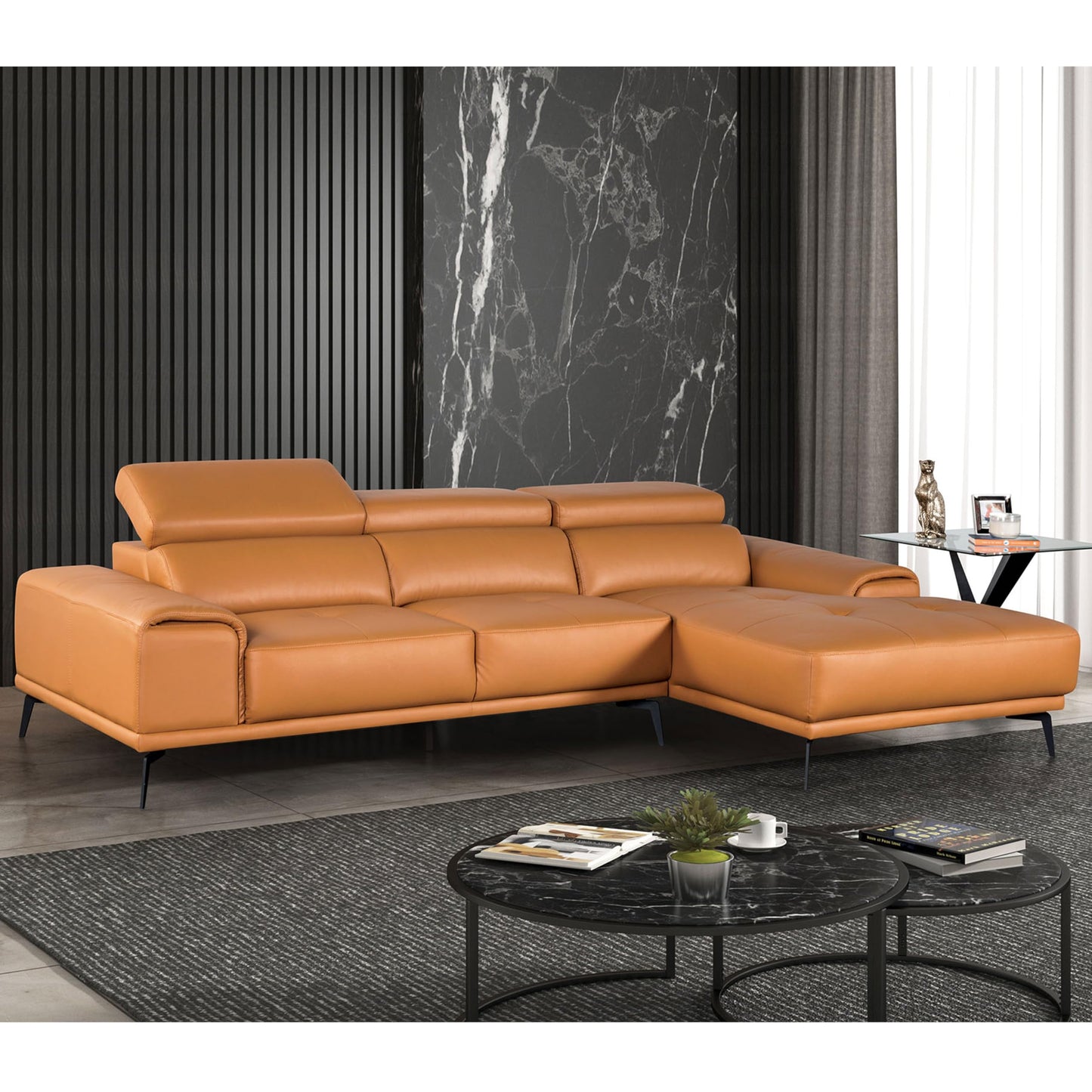 Furniture of America Lyndon Modern Leather Sectional Sofa with Chaise and Biscuit Tufted Cushion, L Shaped Comfy Couches for Living Room, Bedroom, FSC Certified, Right Facing, Light Brown