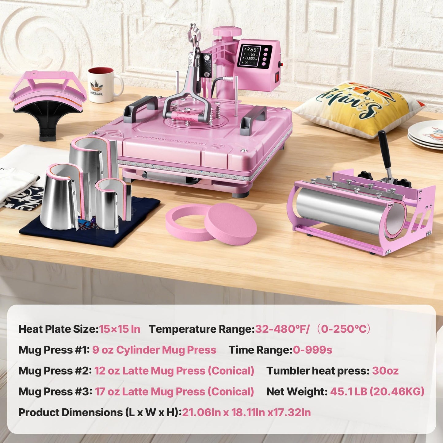 Seeutek 8 in 1 Heat Press Machine 15x15 Inch, Swing Away Digital Sublimation Heat Transfer Press with 20oz & 30oz Tumbler Attachments for T-Shirts, Mugs, Hats & Plates, Pink