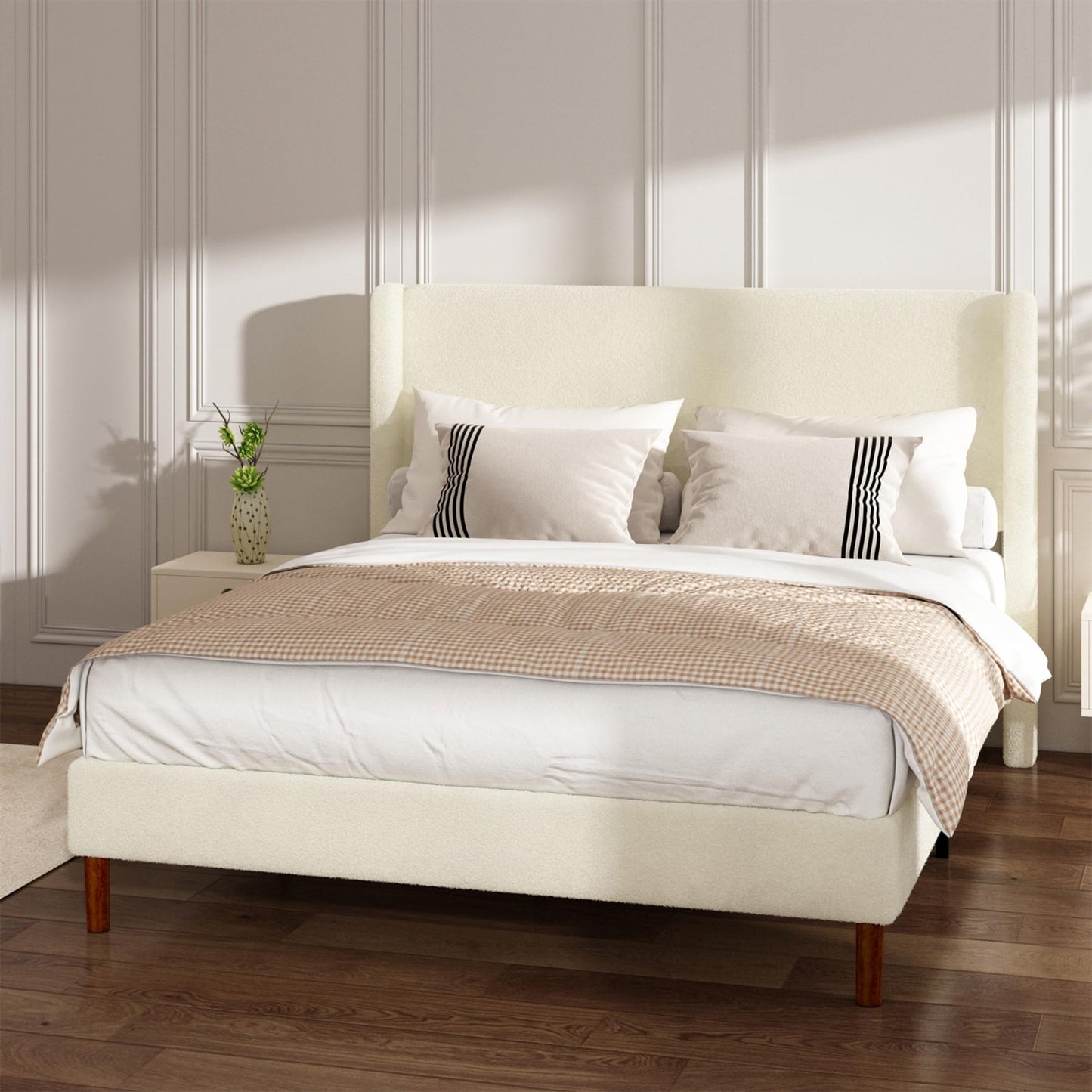 Mxhtcewz Queen Boucle Bed Frame, Platform Bed with Upholstered Wingback Headboard, Strong Wooden Slats Support, Noise-Free, Easy Assembly, No Box Spring Needed, Beige