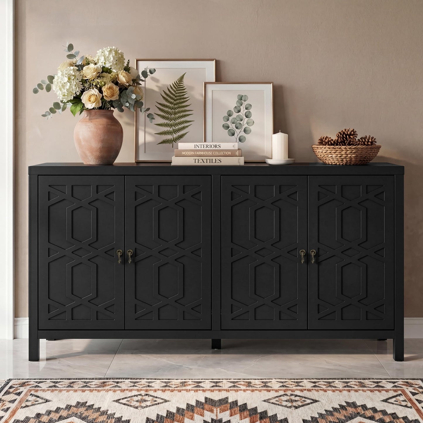 RoyalCraft Buffet Cabinet with Storage, 60" W Modern Coffee Bar Sideboard with 4 Doors & Adjustable Shelves, Painted Wooden Credenza for Dining Room, Kitchen, Living Room, Entryway, Black