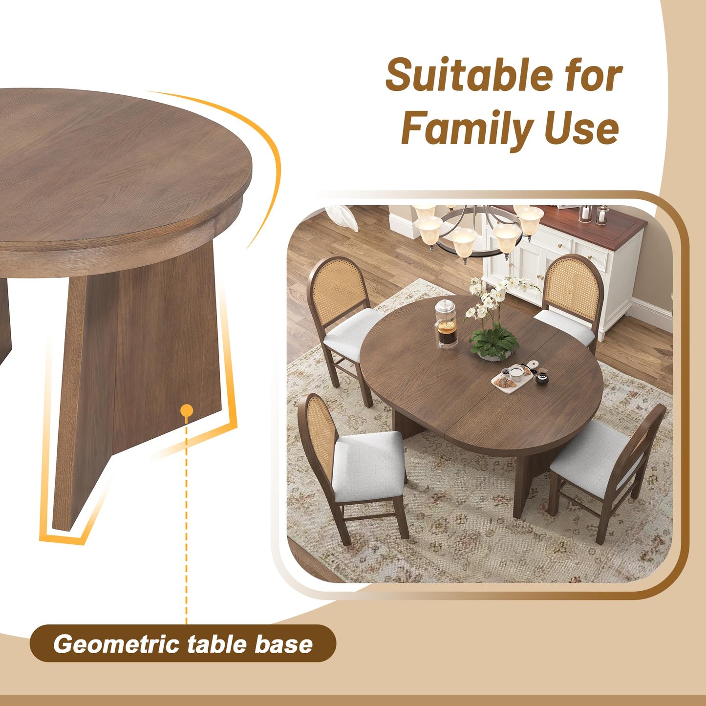 Merax Extendable Round Dining Table Set for 4, Wooden Construction with Upholstered Chairs with Rattan Backrests, Retro Style for Kitchen, Indoor Use, Walnut