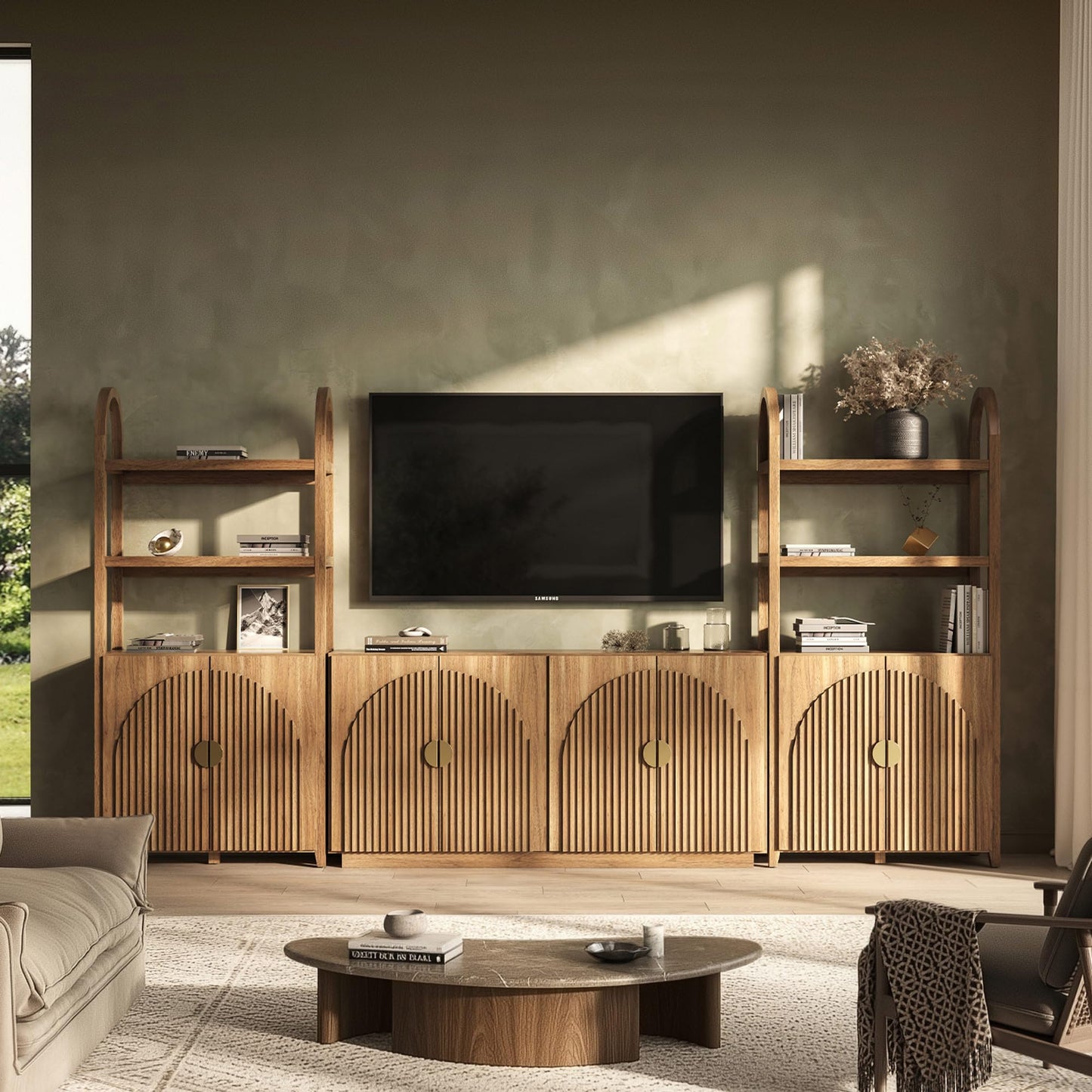 BELLEZE 4-Piece Modular Arched TV Stand Entertainment Center Set, Mid Century Modern 2 Piece 72″ Tall Storage Cabinets and 2 piece 65″ Fluted TV Console for Living Room(Caramel Brown)