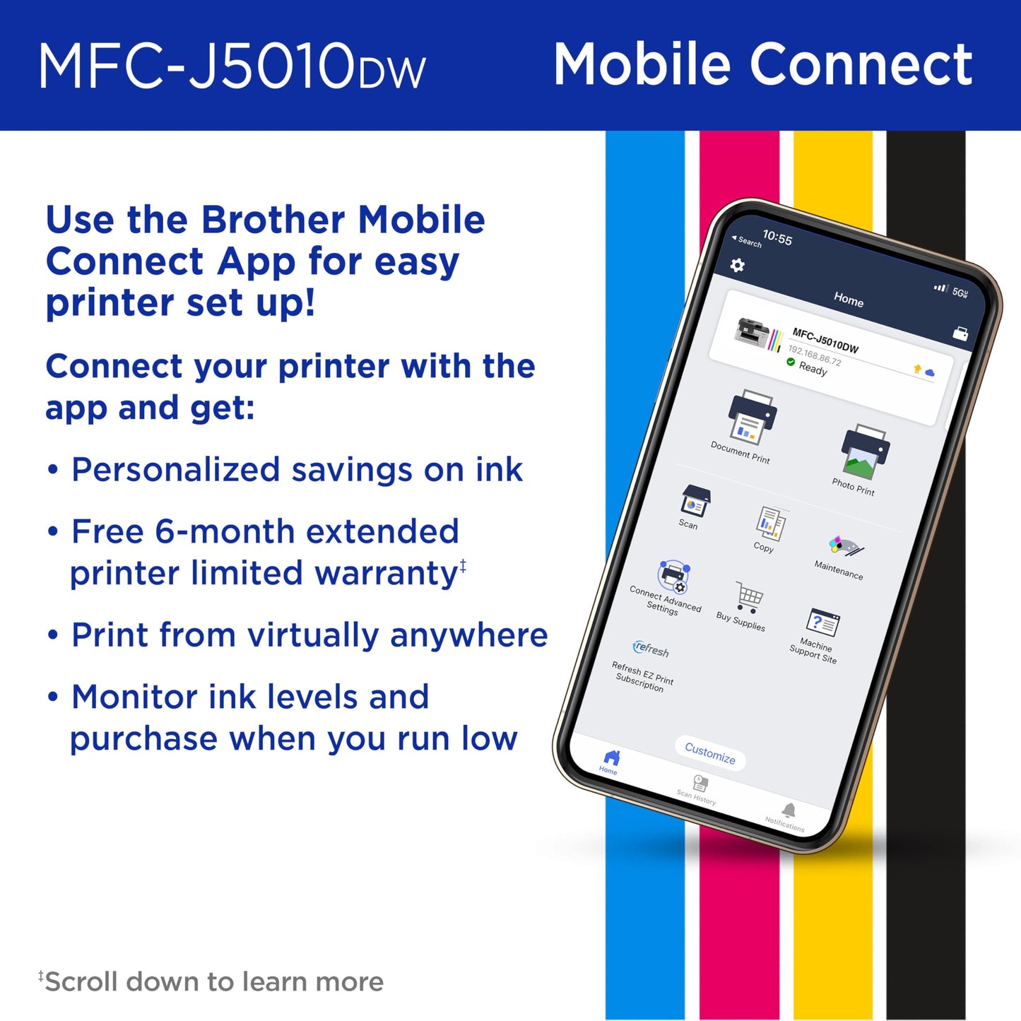 Brother INKvestment 5010 Wireless Color Inkjet All-in-One Printer with Automatic 2-Sided Copy & Scan with 2.7” Color Touchscreen (MCF-J5010DW)