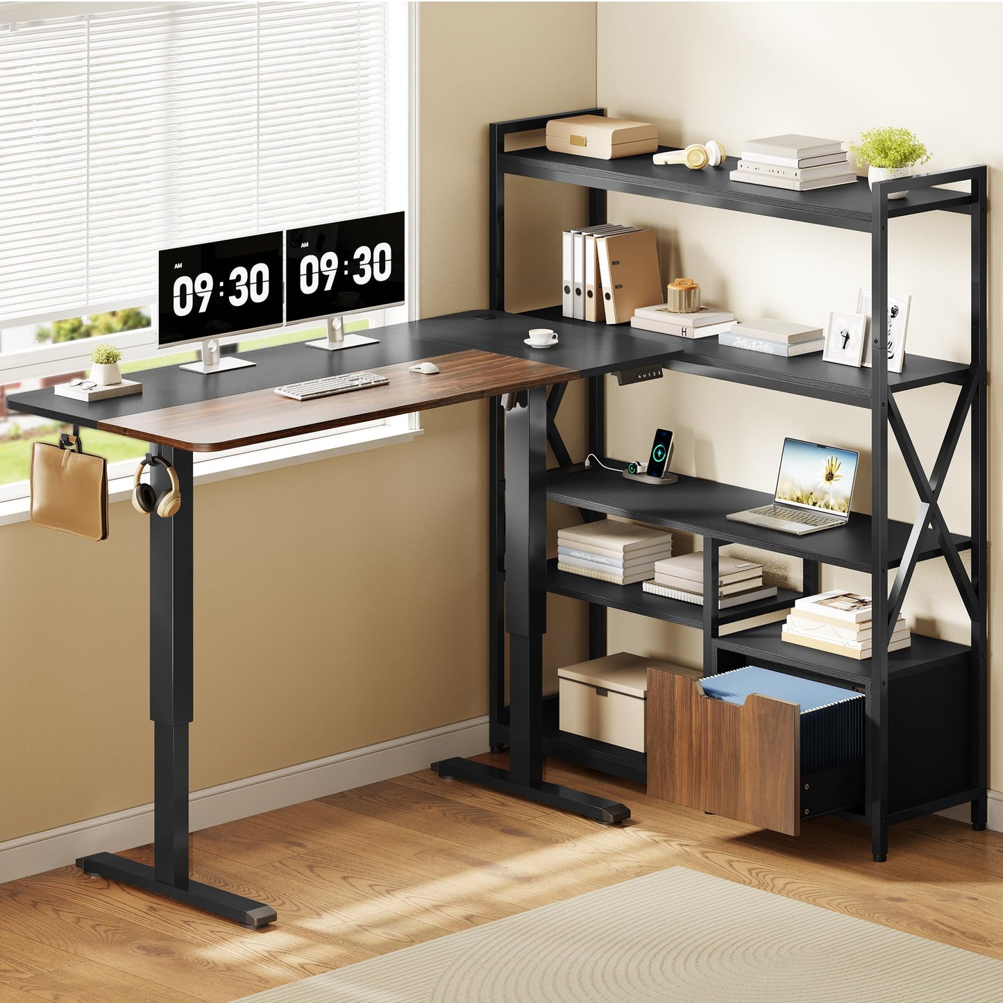 Homiflex 77.8 Inches L Shaped Standing Desk Corner Desk with Hutch Electric Height Adjustable Desk with Storage Shelves File Drawer Power Outlets Reversible Computer Gaming Desk for Home Office Black