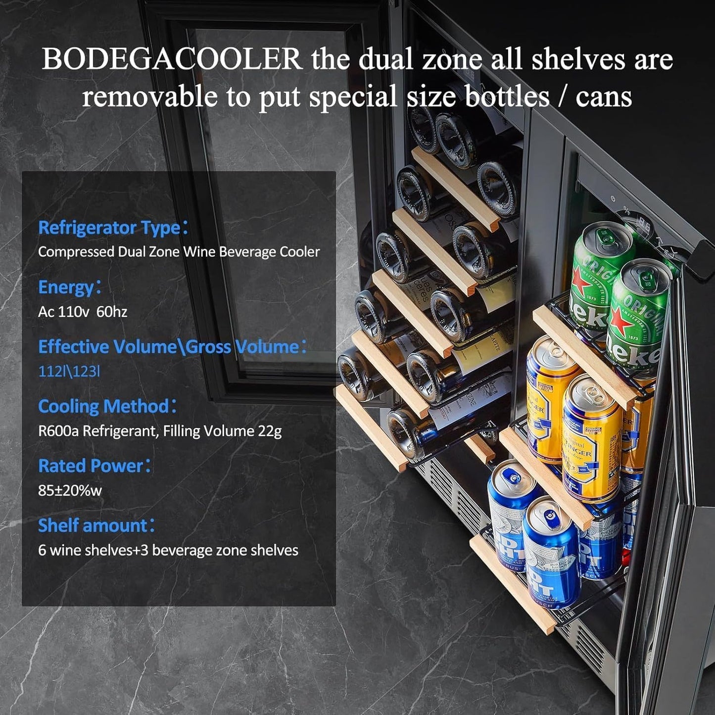 BODEGACOOLER Wine and Beverage Refrigerator, 24 Inch Dual Zone Beveage Fridge, Freestanding Wine Fridge, Under Counter Beverage Cooler With Glass Door with LED Light for Bar,Home Use,Club,Kitchen