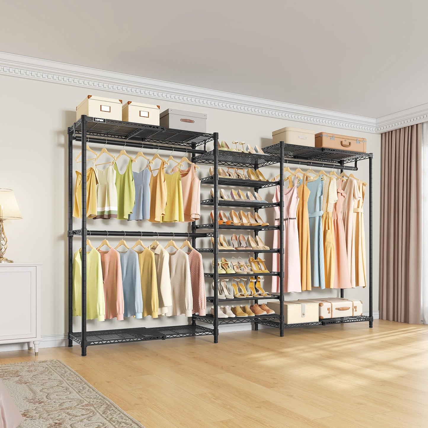 VIPEK S3X Expandable Clothes Rack, Industrial Pipe Closet System Adjustable from 5'11" to 8'7" with 6-Tier Shoe Shelves, Heavy Duty Garment Rack, Space Saving Wall Closet Organizer