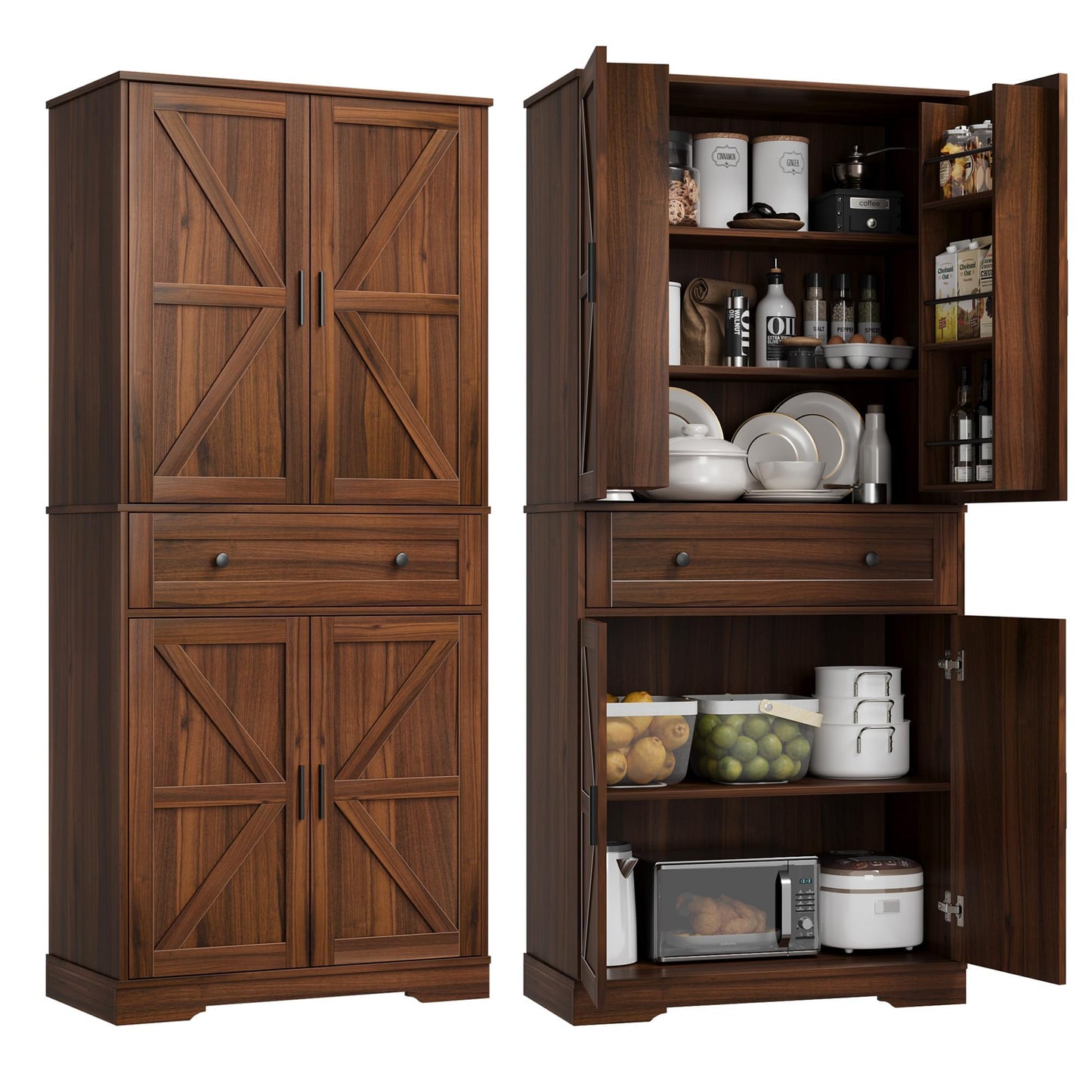 Garvee 71" Kitchen Pantry Cabinet, Barn Door Freestanding Cupboard with Drawer, Sliding Storage Rack, and 6 Hanging Shelves for Kitchen, Dining Room, Living Room Bedroom