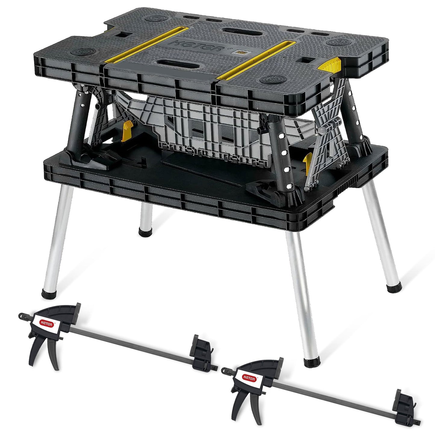 Keter Folding Portable Table Tool Stand Workbench with 2 12" Wood Clamps for Miter Saws, Home Improvement, and Construction, Black & Yellow (2 Pack)