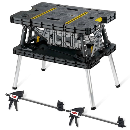 Keter Folding Portable Table Tool Stand Workbench with 2 12" Wood Clamps for Miter Saws, Home Improvement, and Construction, Black & Yellow (2 Pack)
