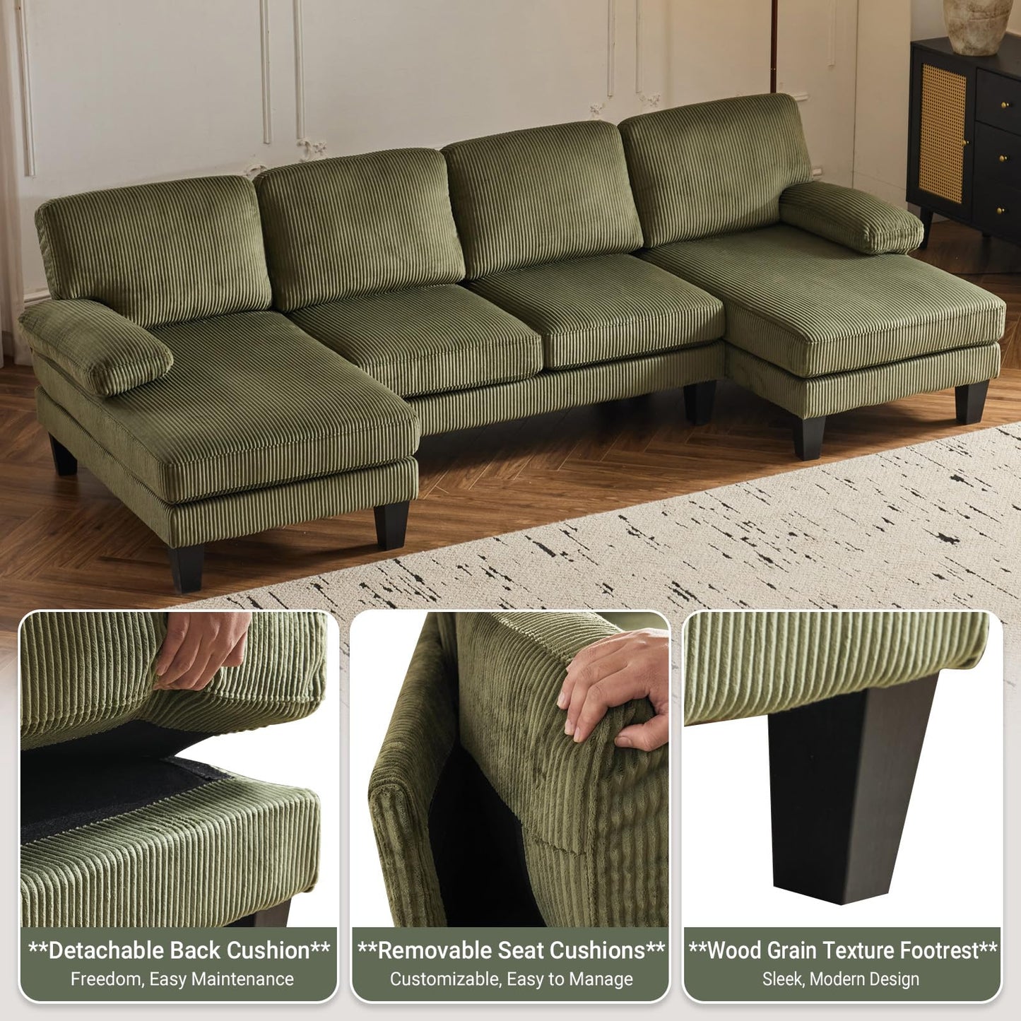 VINGLI 110" Sectional Couches for Living Room,U Shaped Couch with Double Chaise, 4-Seat Sofa Set with Corduroy Fabric for Home Furniture,Green