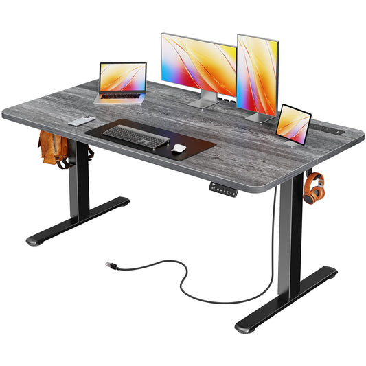 Huuger Electric Standing Desk with Power Outlets and USB-C Port, 55 X 24 Inch Height Adjustable Desk, Sit Stand Desk for Home Office, Computer & Gaming Desk with 4 Presets, Stable Steel Frame, Grey