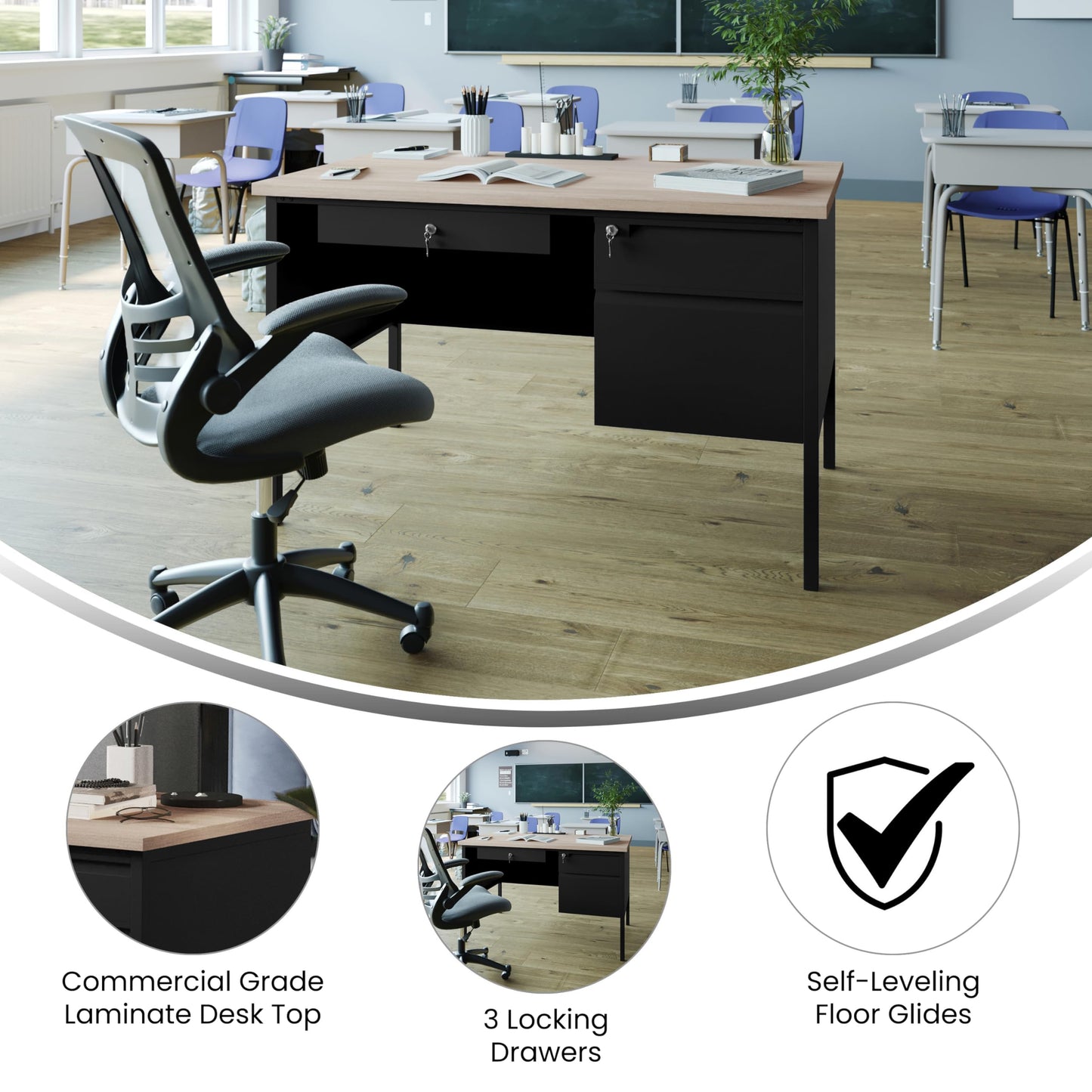 Flash Furniture Cambridge Right Side Single Pedestal Desk with 3 Locking Drawers, Commercial Grade Teacher's or Office Desk, 30x48, Metal Frame, White Oak/Black