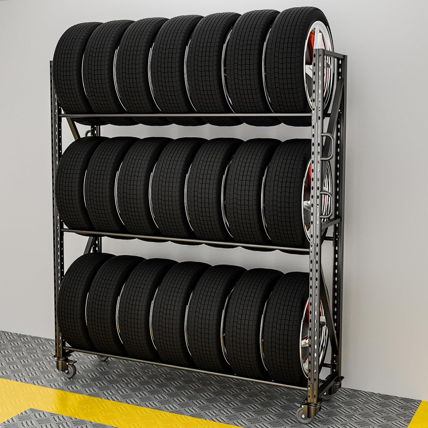 NULTRUMA Industrial 3-Tier Storage Rack, Single Entry Steel Rack for Passenger & Light Truck Tires, 1100lb Capacity, Adjustable Height, 60" W x 18" D x 84" H, for Garage Warehouse Auto Shop