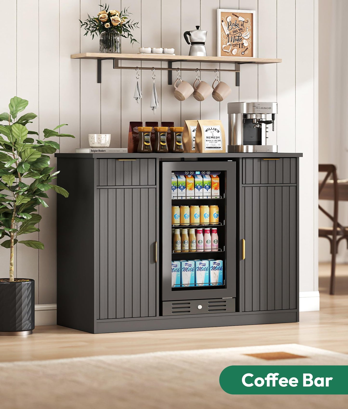 Lamtor Coffee Bar Cabinet with Storage - 53" Mini Fridge Cabinet with Power Outlet, Fluted Wine Bar with Drawer & Door Storage for Kitchen Dining Room, Black
