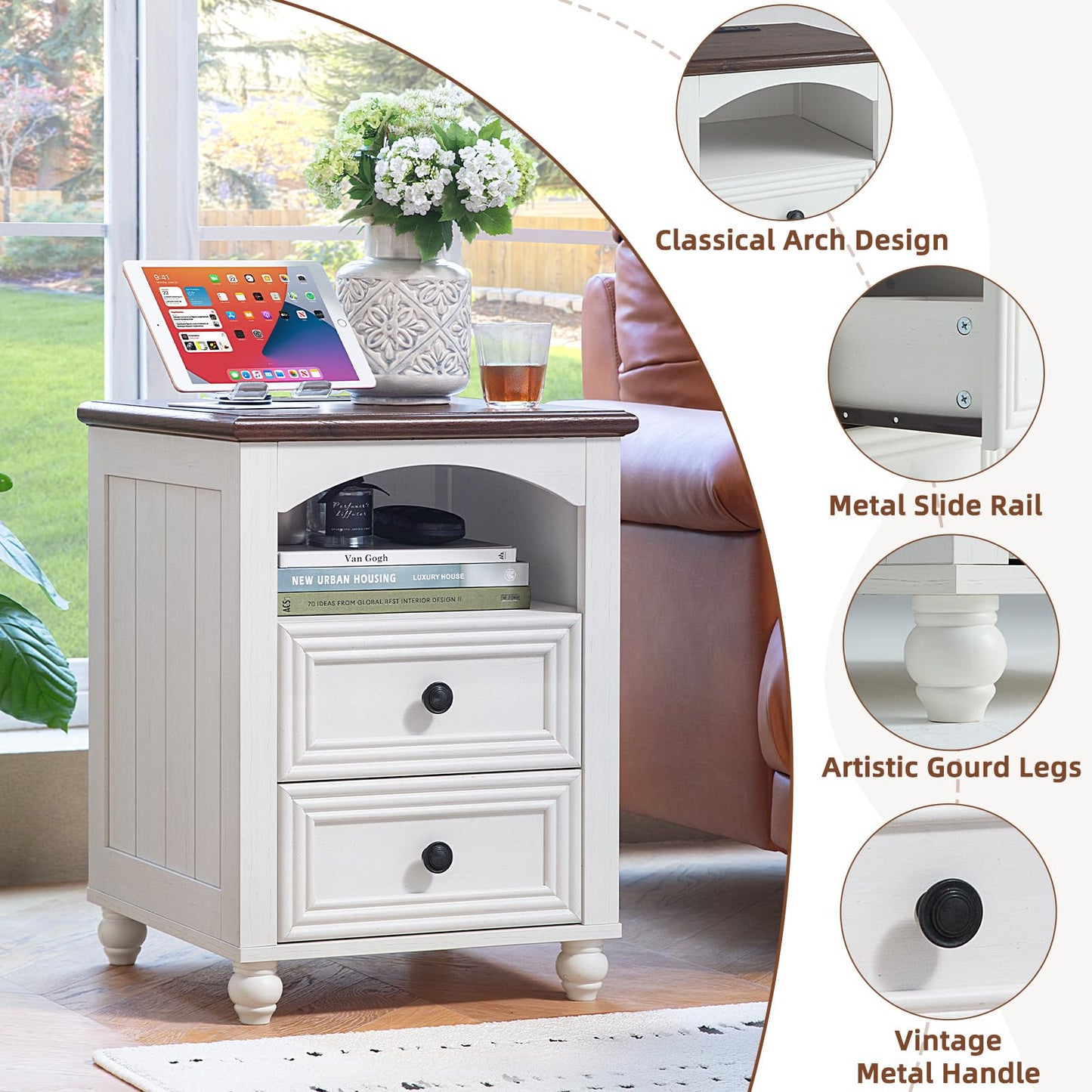 RWYHG 18" Farmhouse Night Stands Set of 2 with Charging Station, Wooden Nightstand with 2 Drawers, Bedside End Table with Storage, Bed Side Tables Cabinet for Bedroom, Living Room, and Closet(White)
