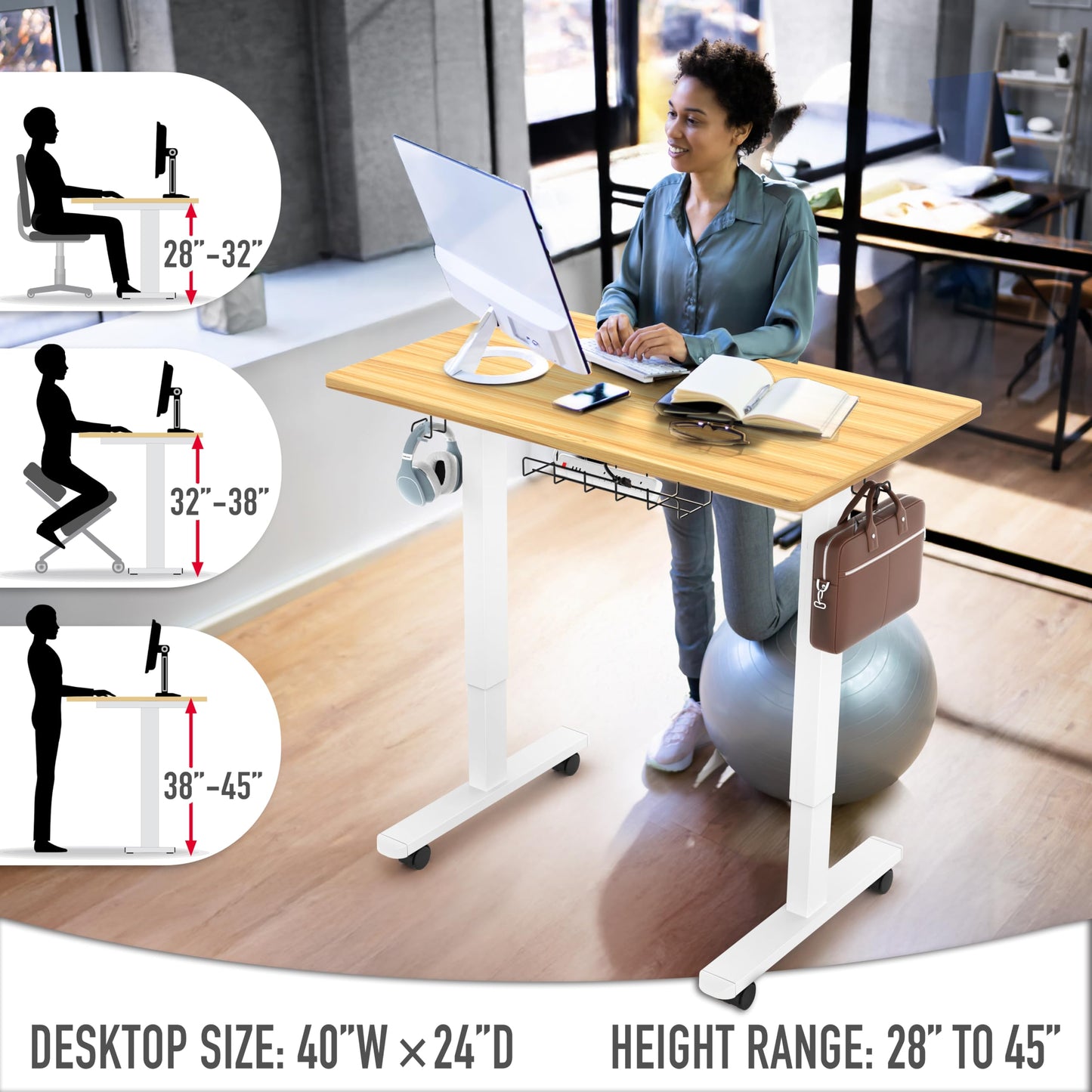 SHW 40-Inch Mobile Electric Height Adjustable Sit to Stand Desk with Drawer, Hanging Hooks and Cable Management, Oak