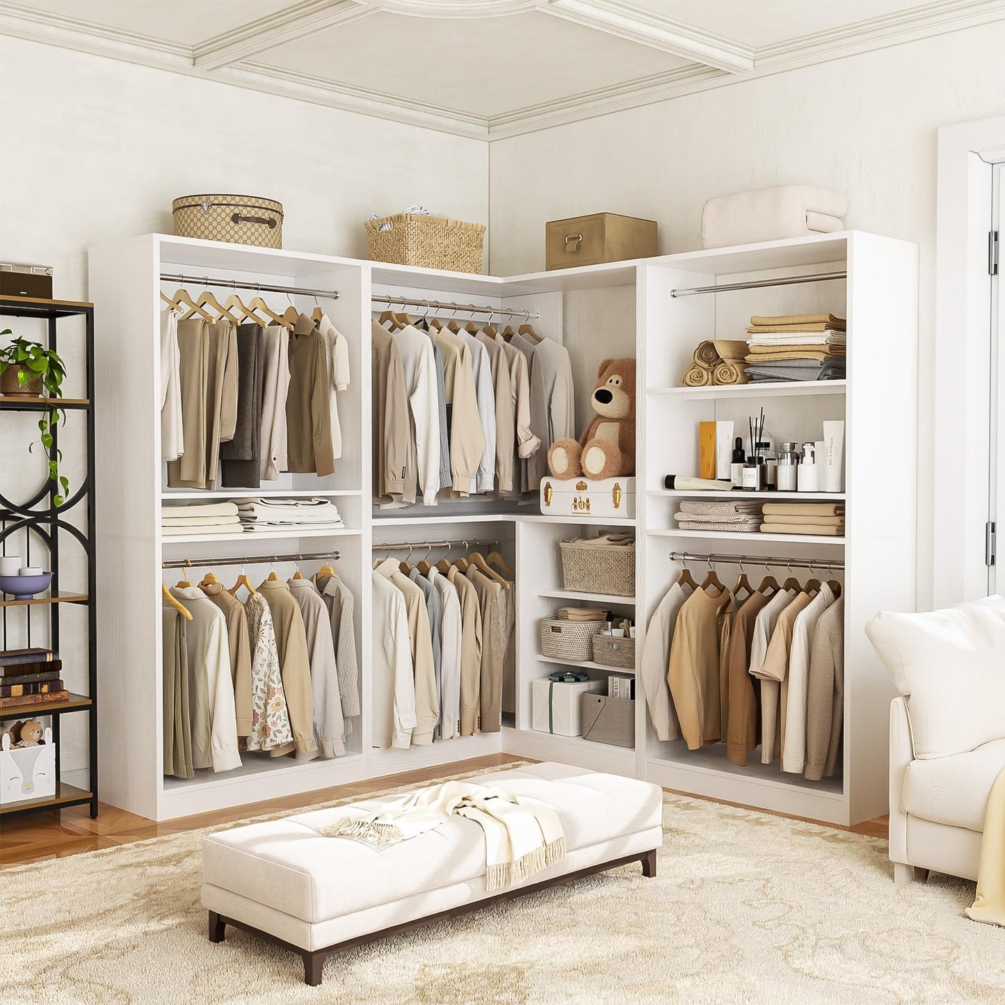 Unikito 108” Corner Closet System, 3-Piece L-Shaped Closet Organizer with 2 Closet Towers and 1 Corner Unit, Heavy Duty Wood Garment Rack with 6 Hanging Rods, Freestanding Walk-in Wardrobe, White