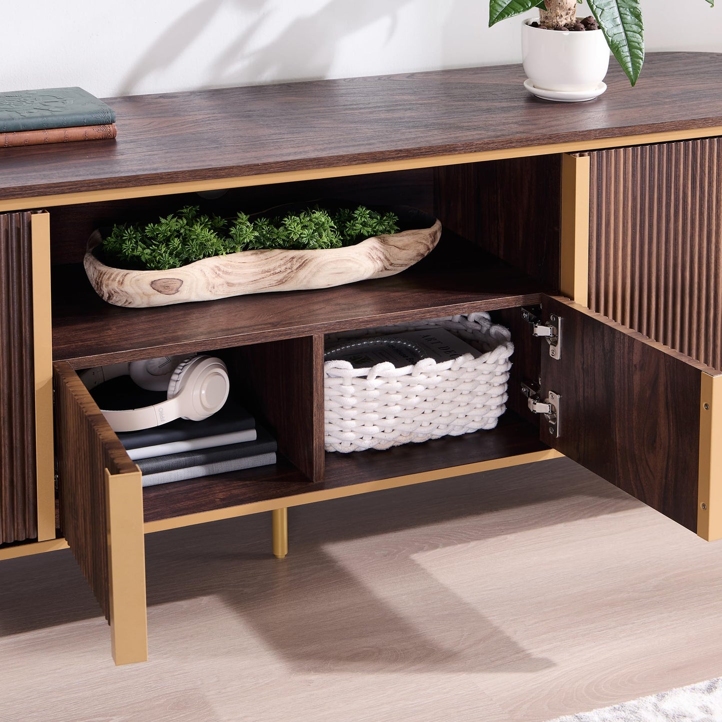 OKD 70" Fluted TV Stand with Storage, Faux Marble Top Entertainment Center for TVs Up to 80", Modern Curved Edge Media Console Cabinet for Living Room, Dark Walnut