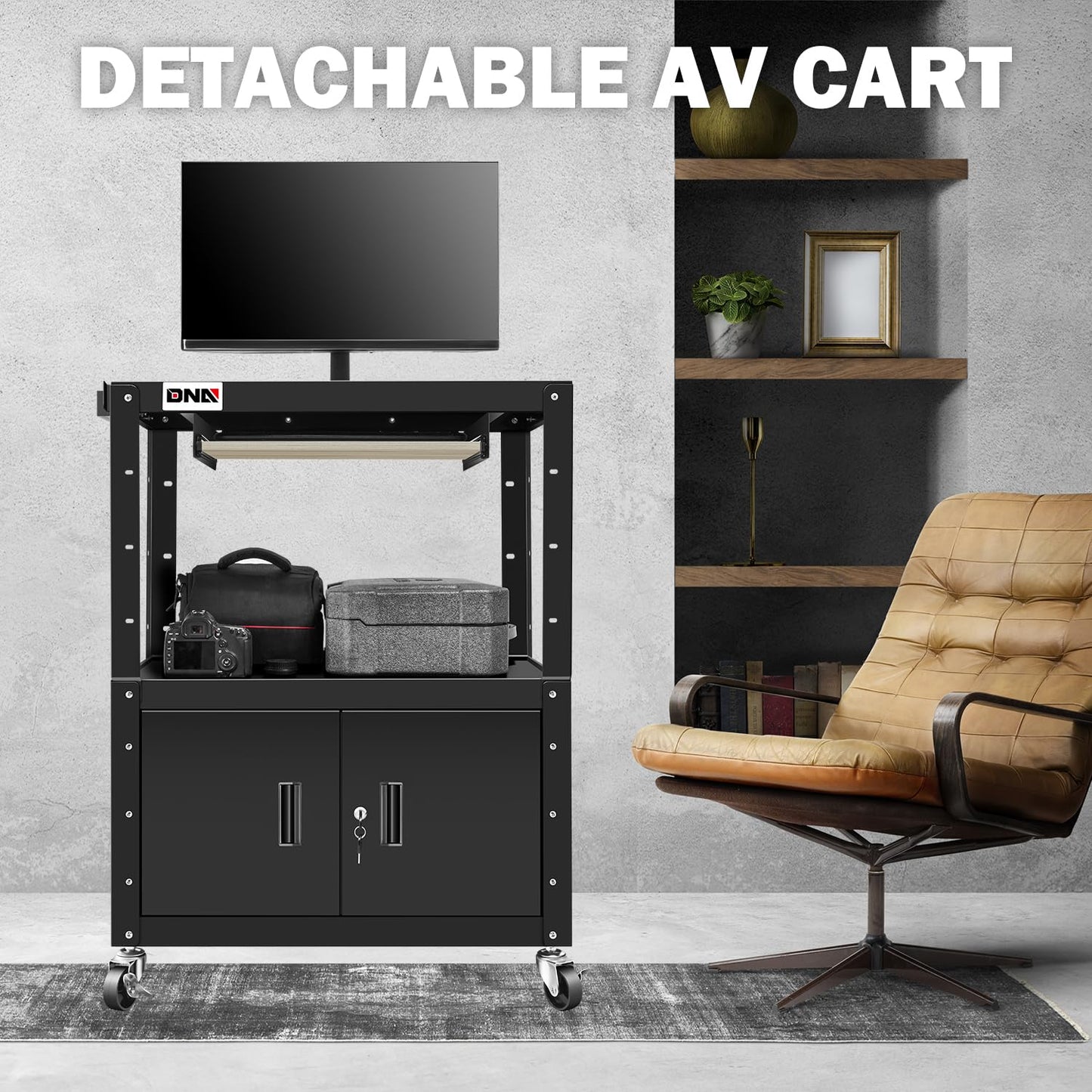 DNA Motoring Steel AV Cart with Extra Storage Cabinet, 30.8" x 18" x 22"-42" Height Adjustable Rolling Projector Utility Cart, TOOLS-00293