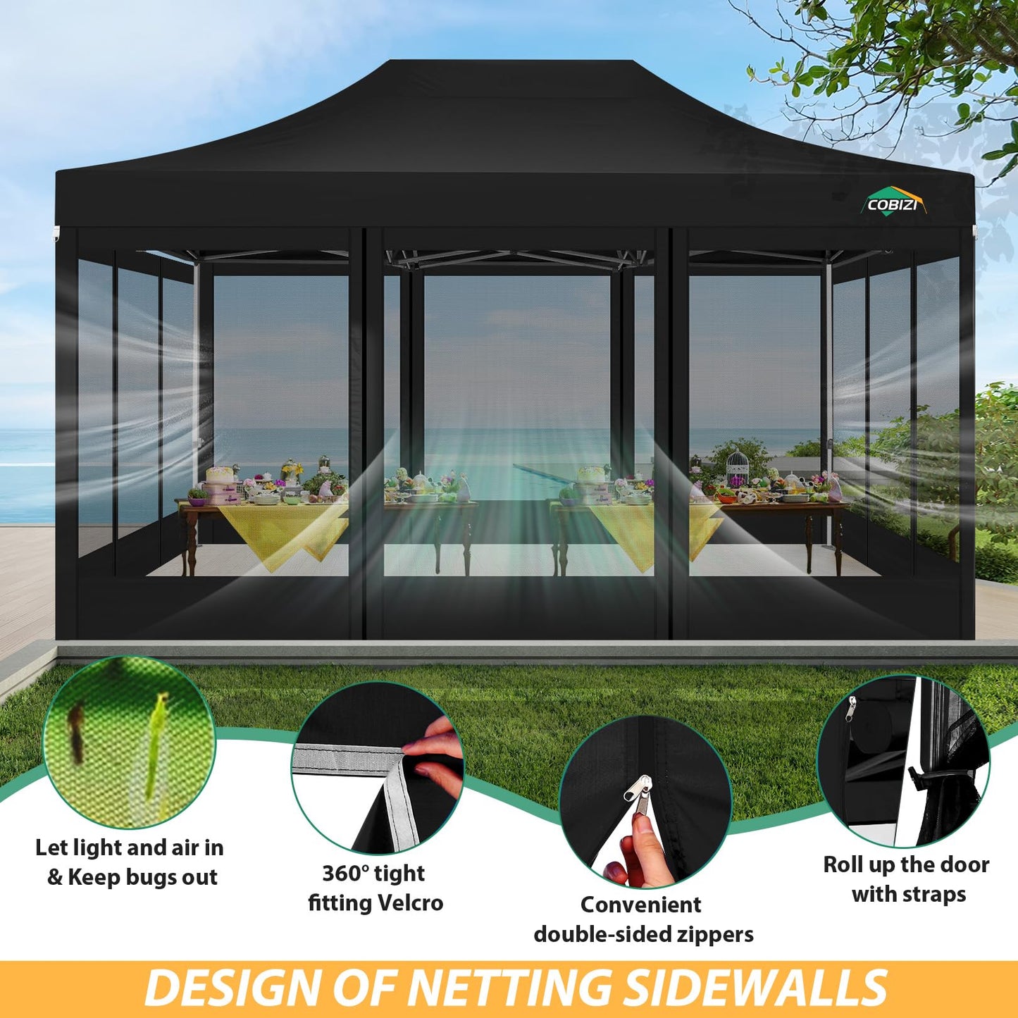 COBIZI 10x15 Canopy Tent with 4 Sidewalls,Heavy Duty Pop up Canopy with Mosquito Netting,Easy up Screen Tent for Parties Wedding Patio with Handbag,Black