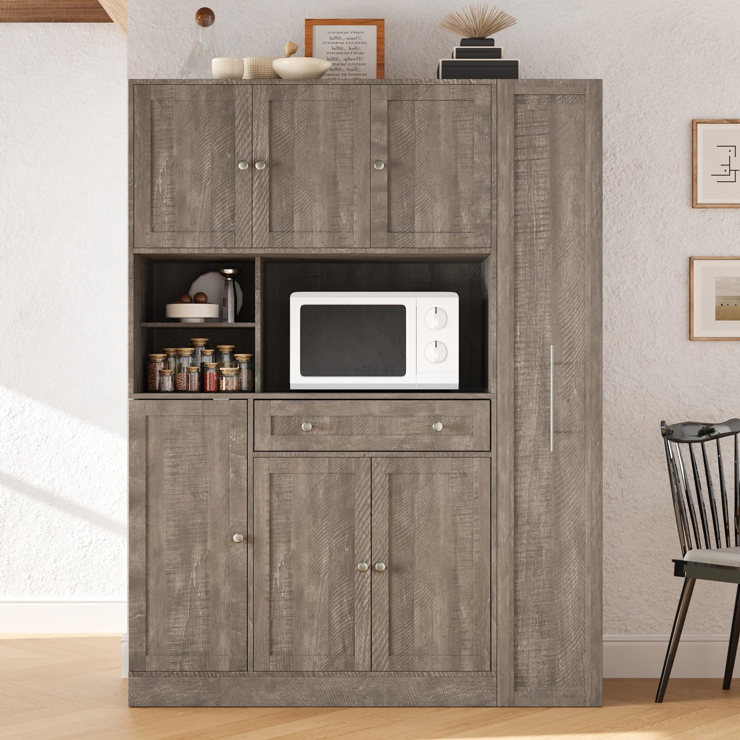 Merax 70'' Tall Traditional Freestanding Buffet with Hutch, Large Kitchen Pantry Storage Cabinet Cupboard with Pull-Out Side Cabinet, Door Shelves and Drawer, Brown