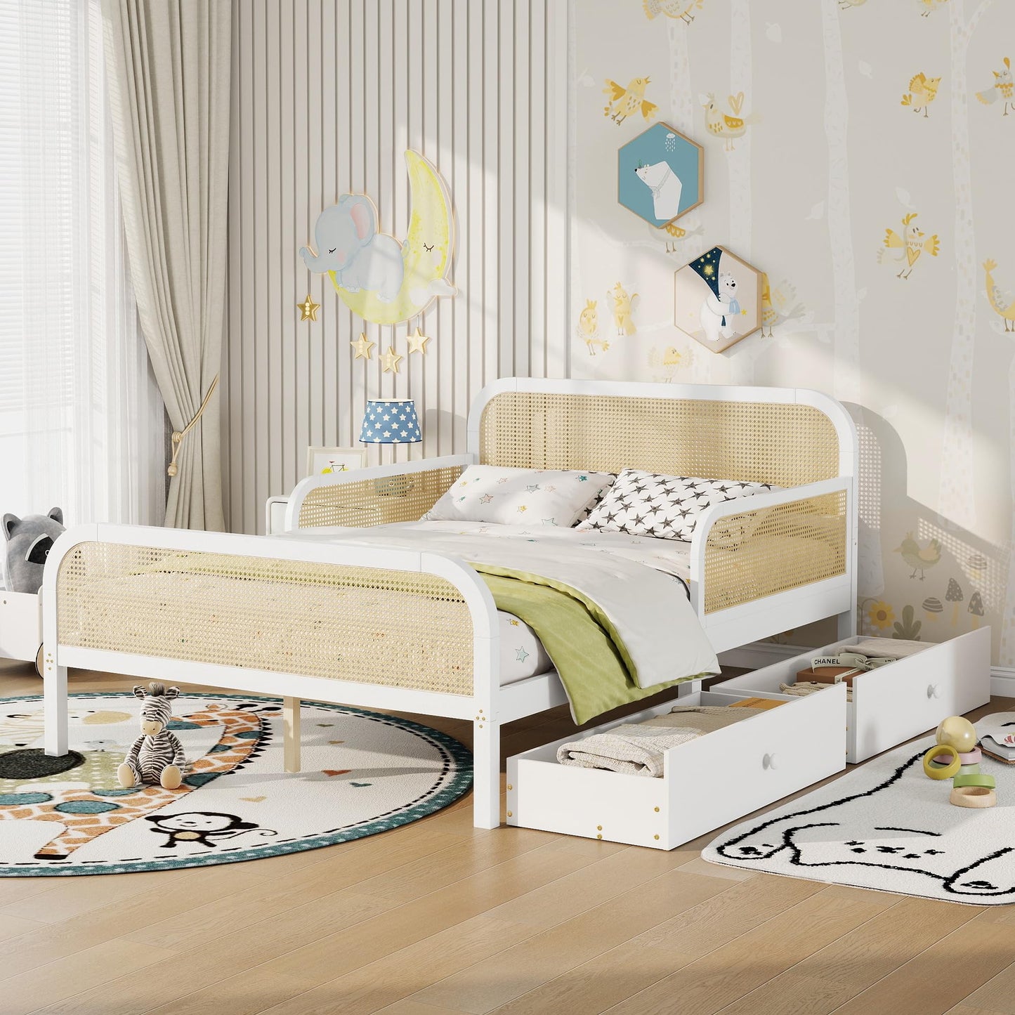 KEIKI Full Size Pine Wood Platform Bed Frame with 2 Storage Drawers & Headboard & Footboard, for Boys and Girls, Rattan Bed with Solid Slat, No Box Spring Required, Easy Assembly, for Bedroom, White