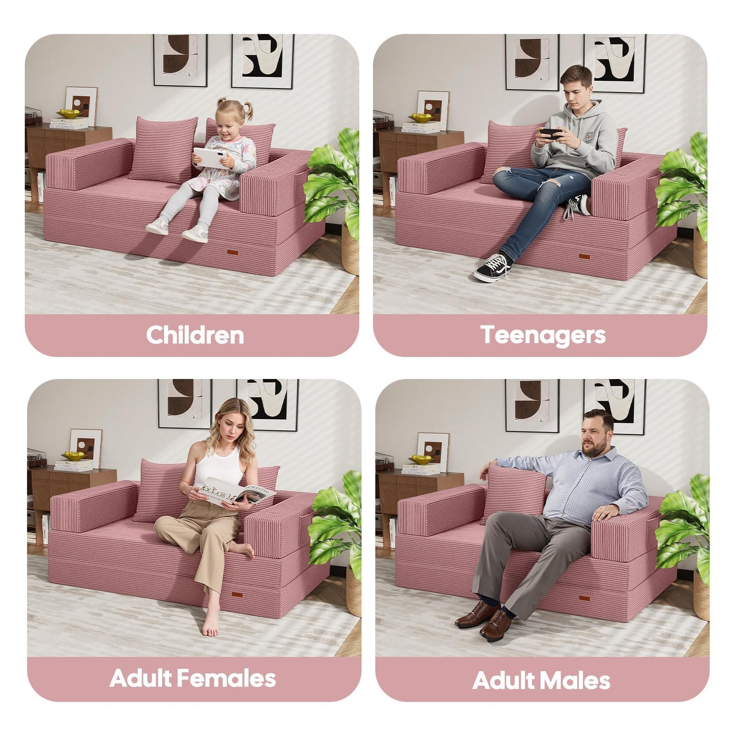 COMAX Futon Sofa Bed, 4‑in‑1 Convertible Sofa Bed, Folding Boneless Couches for Living Room, Fold Out Small Foldable Loveseat Floor Sleeper Comfy Mattress Lounge Space‑Saving, Pink