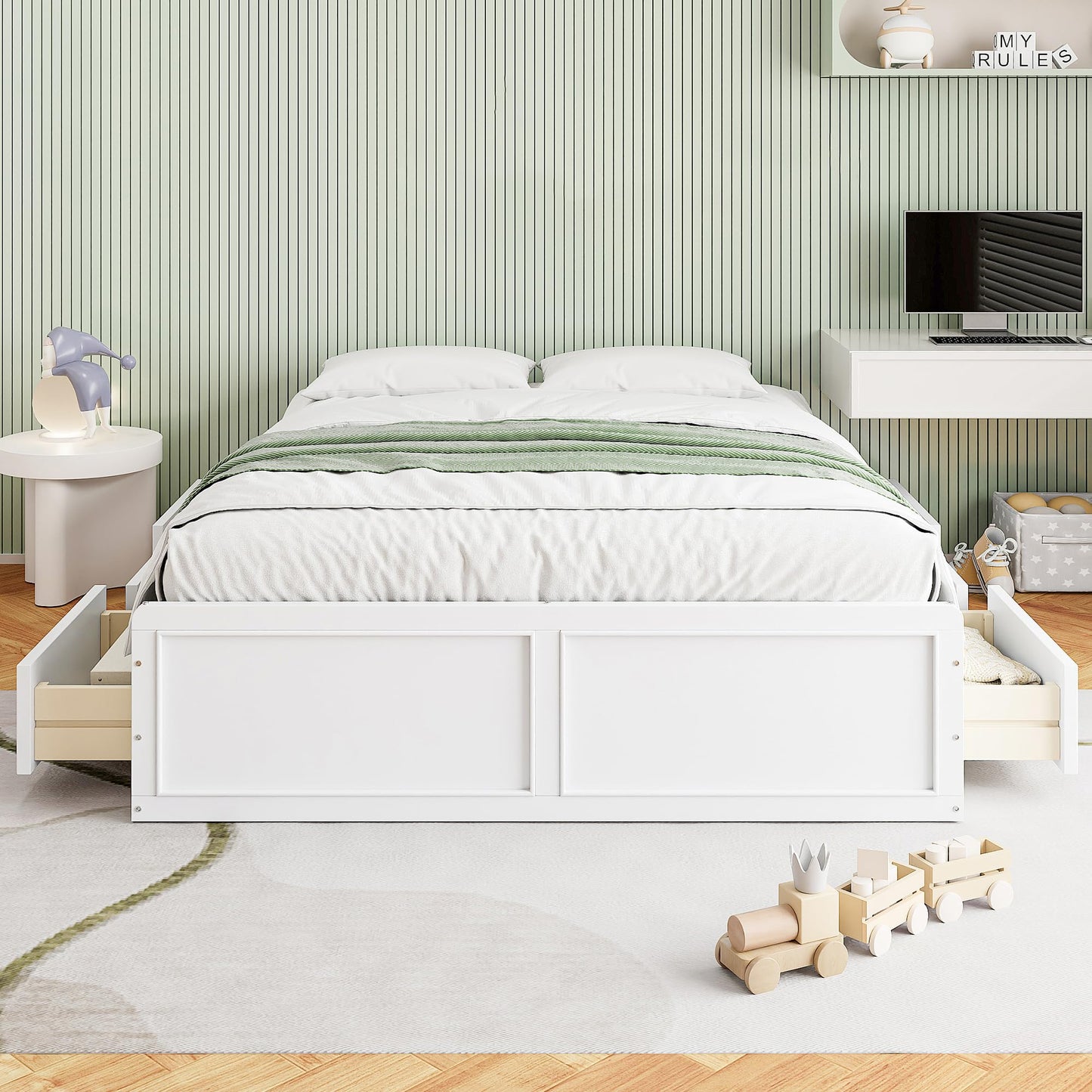 Merax Wood Queen Size Platform Bed Frame with 6 Drawers, Storage Bed Frame Without Headboard for Kids Teens and Adults, White